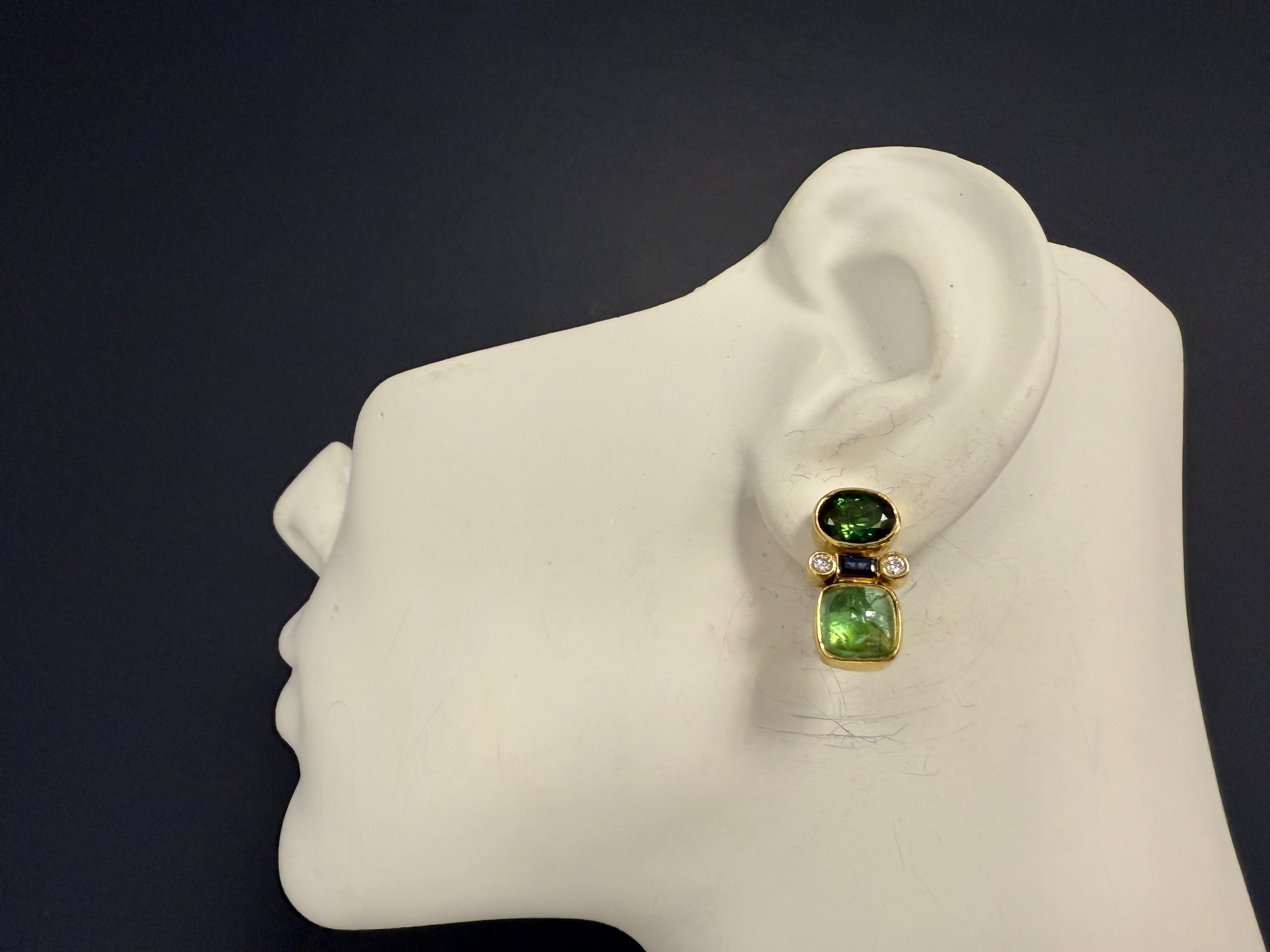 Retro Gold Natural Diamond and Tourmaline Statement Earrings, Circa 1970