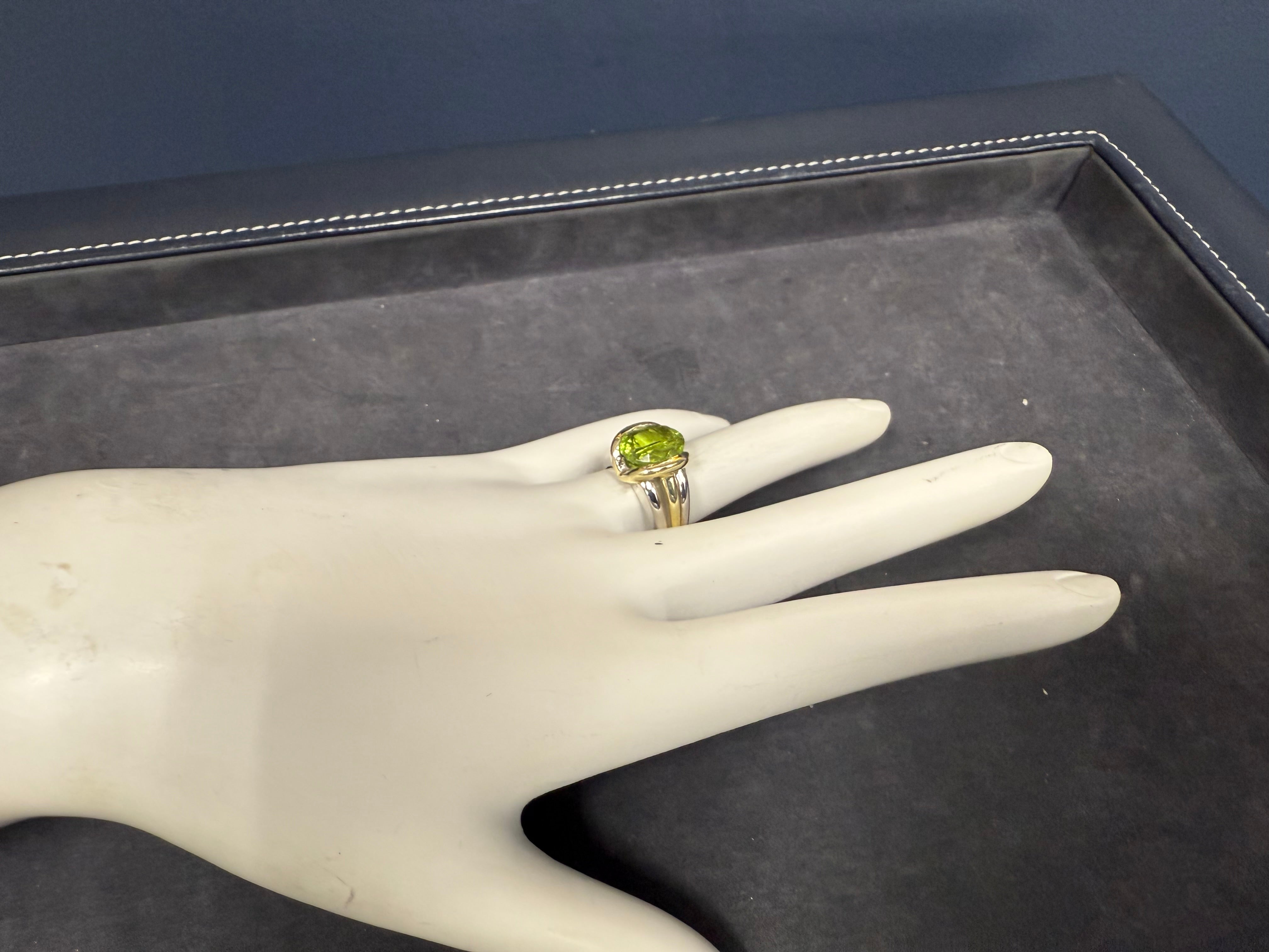 Retro Two Tone Gold Oval Green Peridot Cocktail Ring Circa 1995