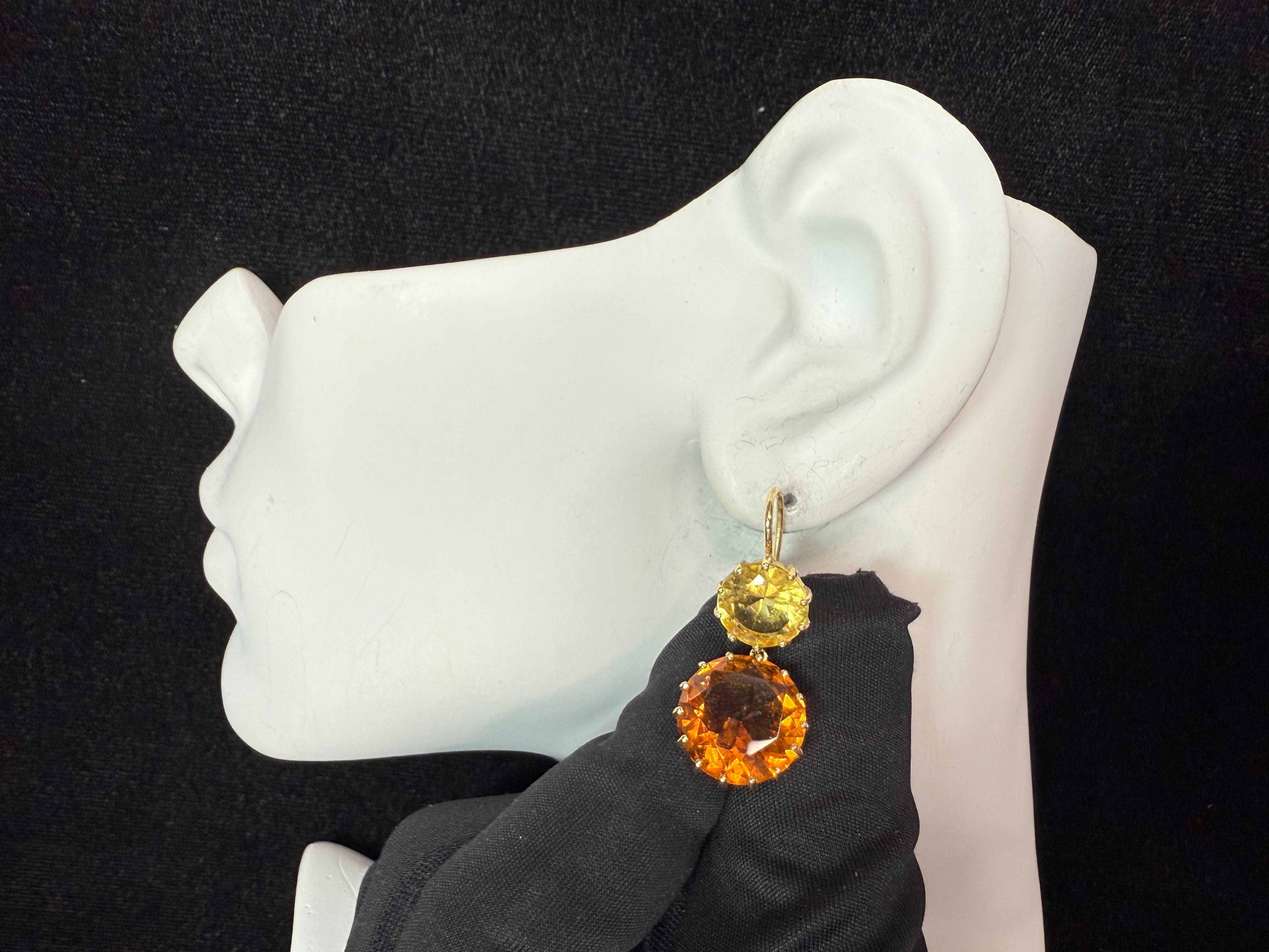 Retro Gold Citrine Drop Statement Earrings with Round Brilliant Two-Tone Gems