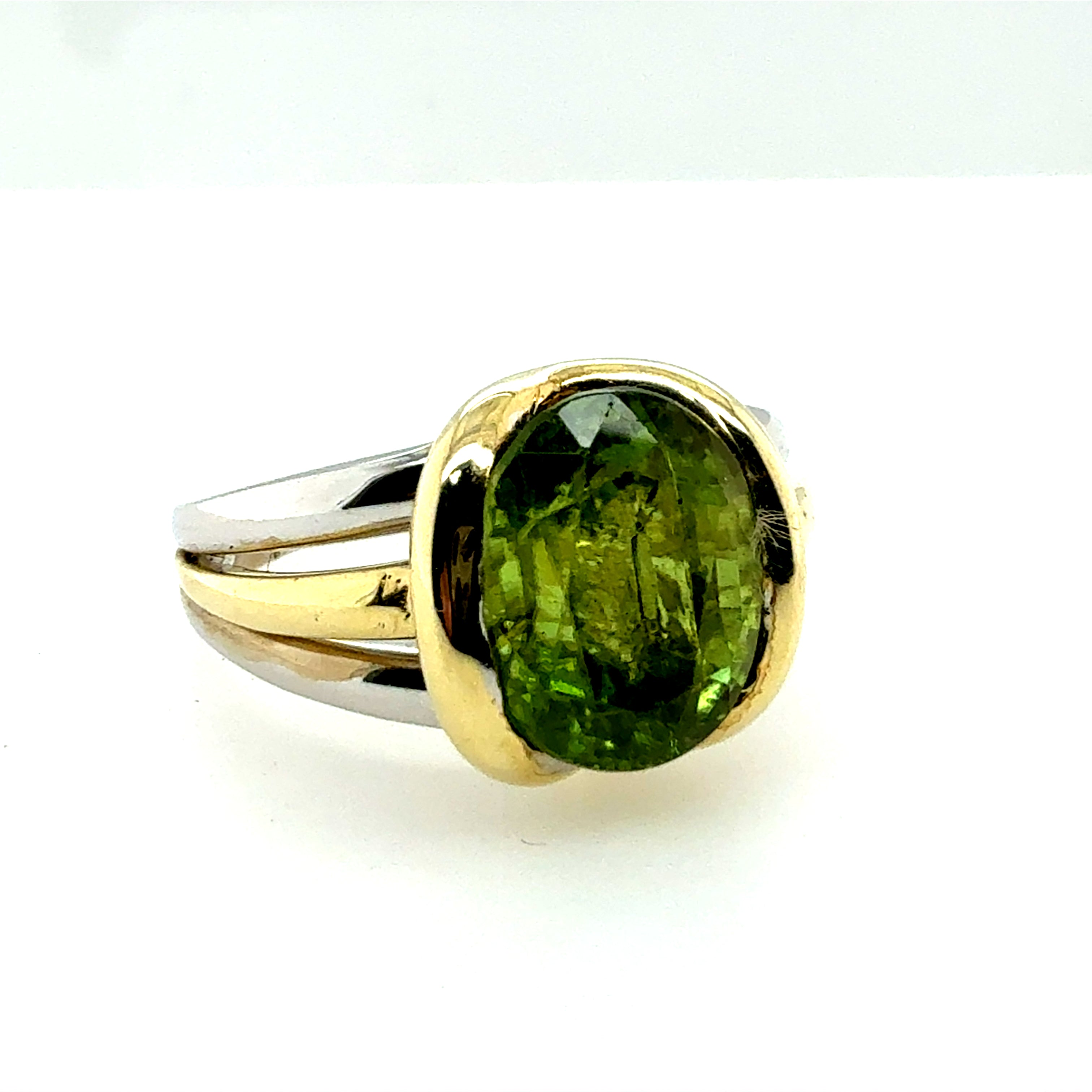 Retro Two Tone Gold Oval Green Peridot Cocktail Ring Circa 1995