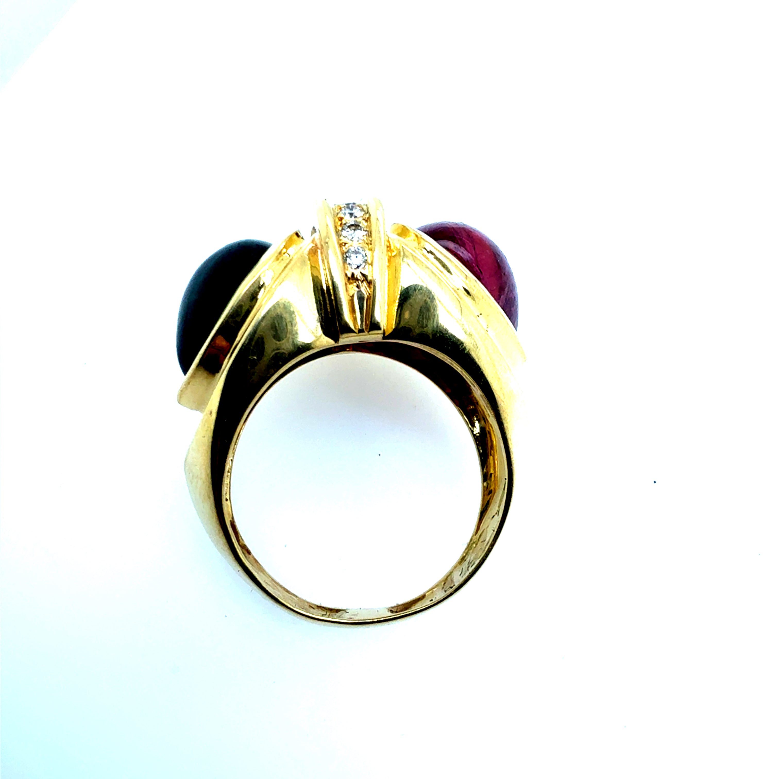 Retro Gold Natural Diamond & Tourmaline Cabochon Statement Ring Circa 1970