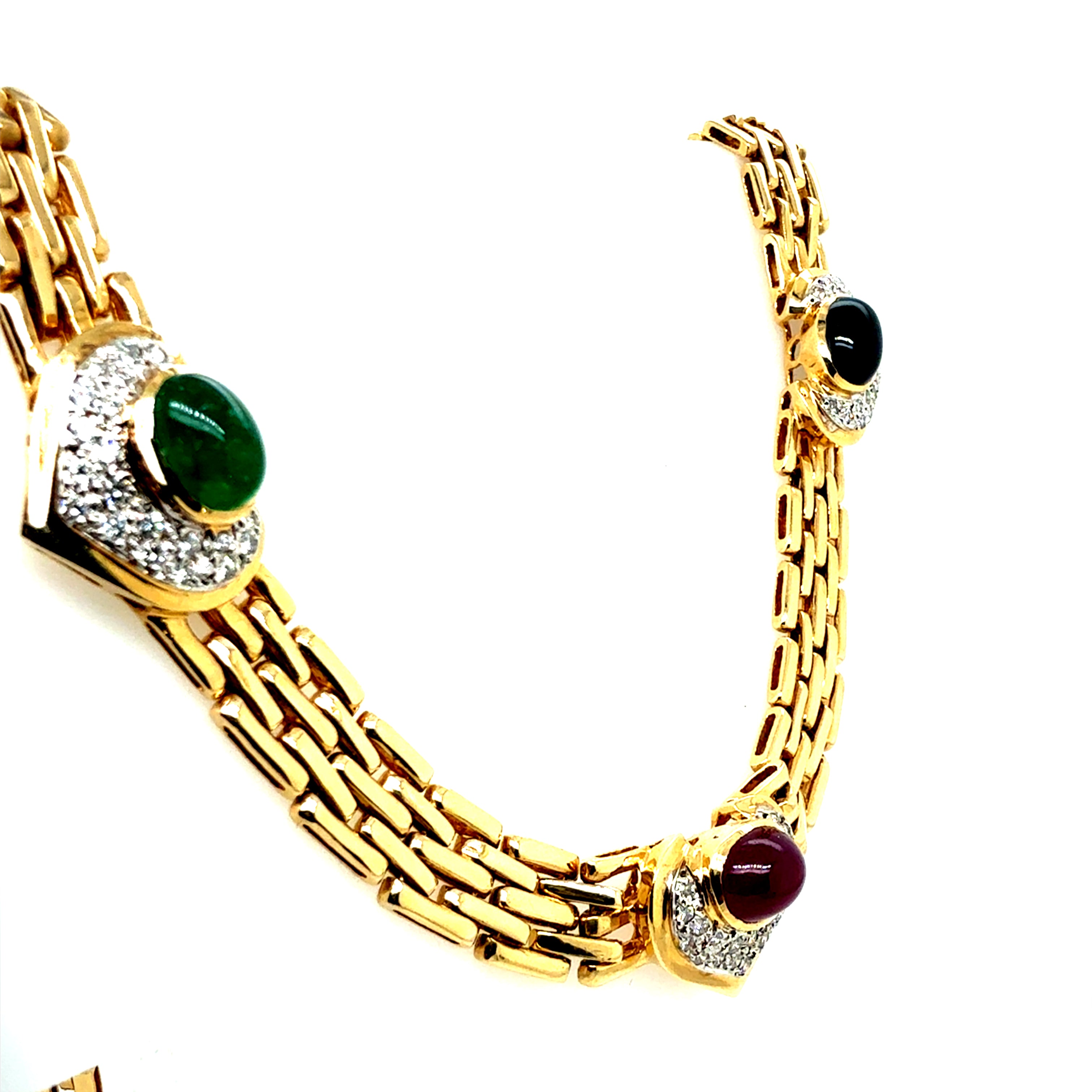 Retro Gold 8 CT Diamond and Multicolor Cabochon Statement Necklace Circa 1980
