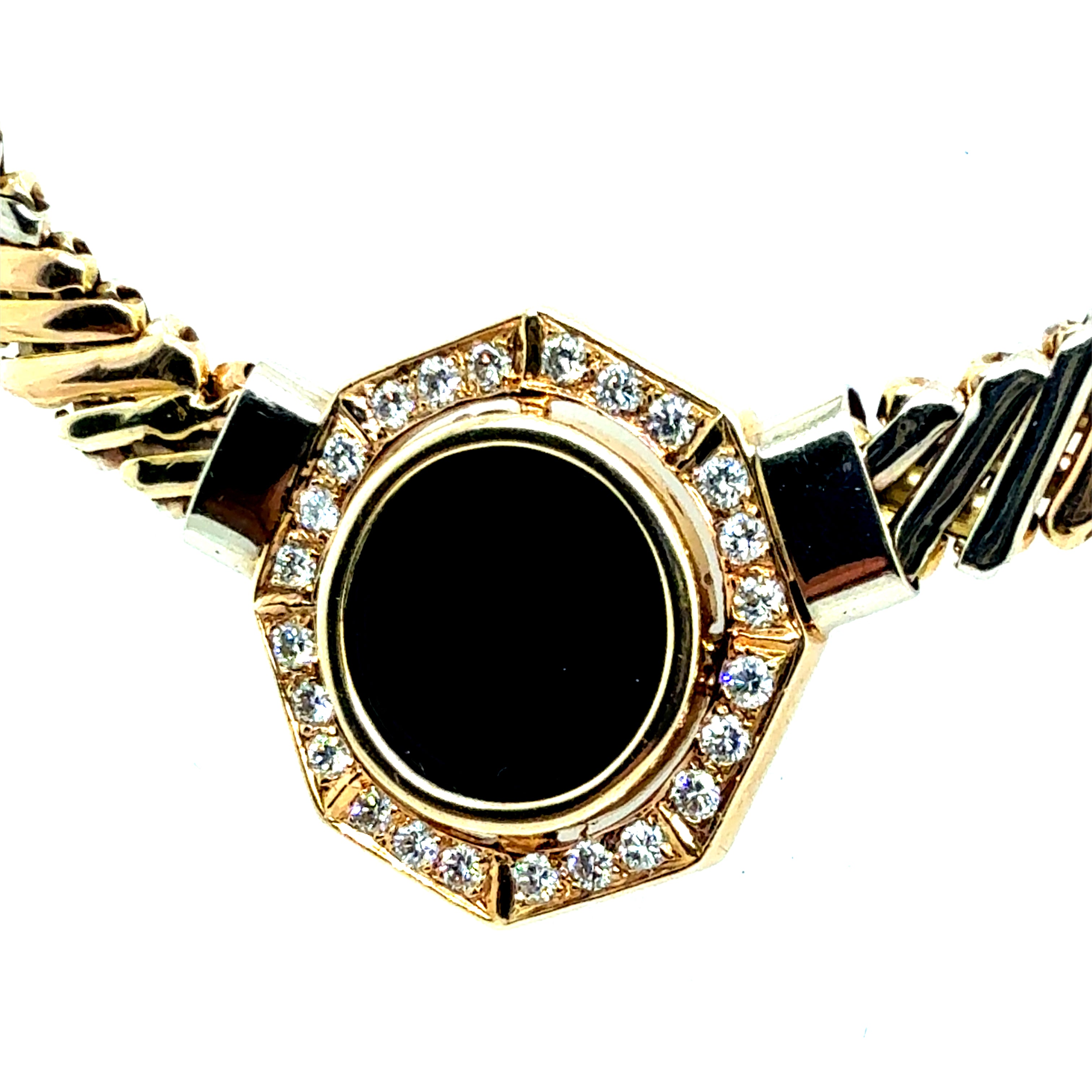 Retro Gold Tri-Color 0.75 CT Diamond and Onyx Statement Necklace Circa 1970