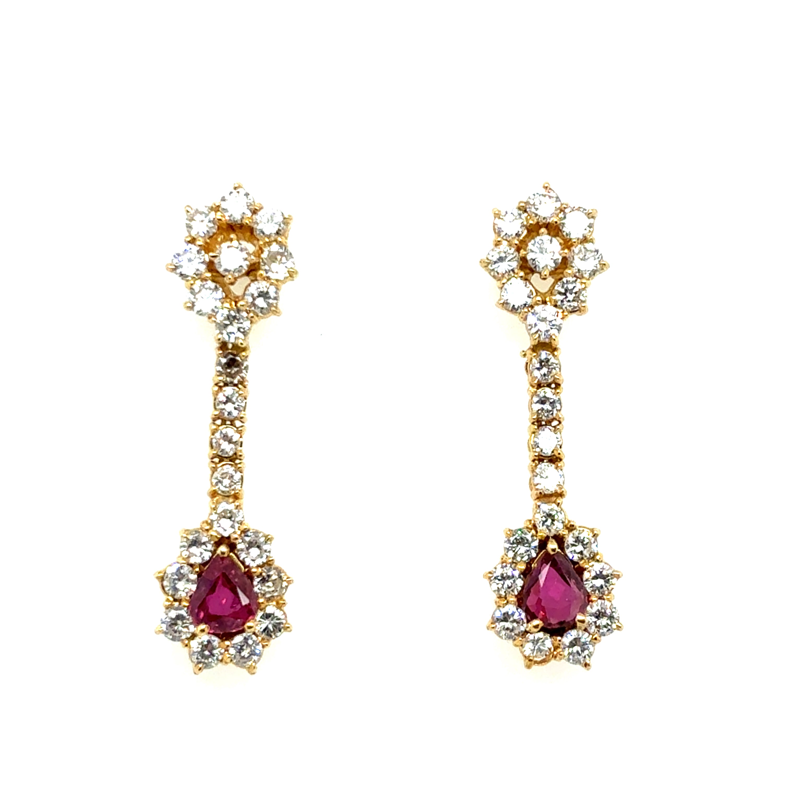 Retro Gold 4.5 Carat Natural Diamond & Thai Ruby Drop Earrings Circa 1975