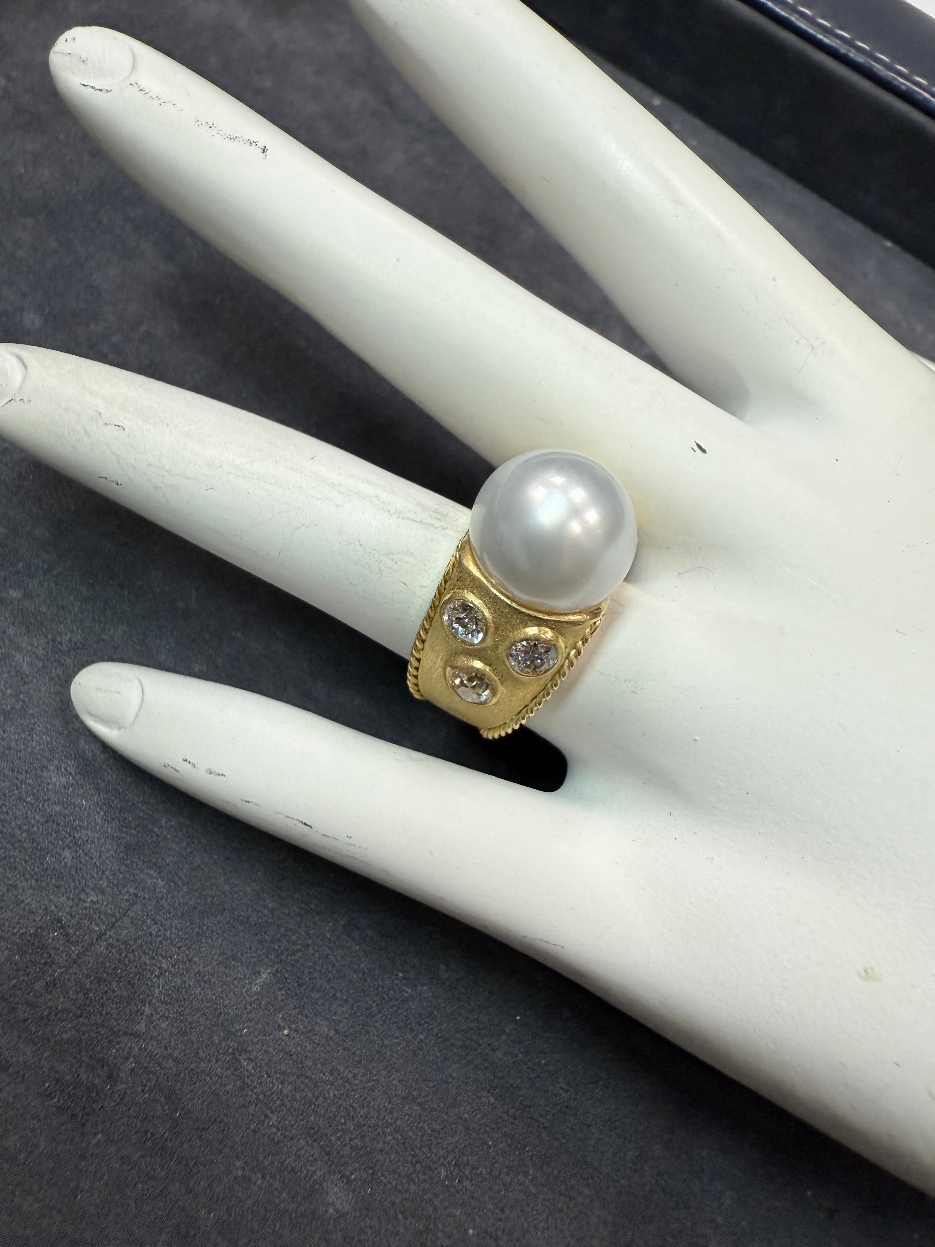Retro Gold Natural 1 CT Old Mine Cut Diamond & South Sea Pearl Ring Circa 1990