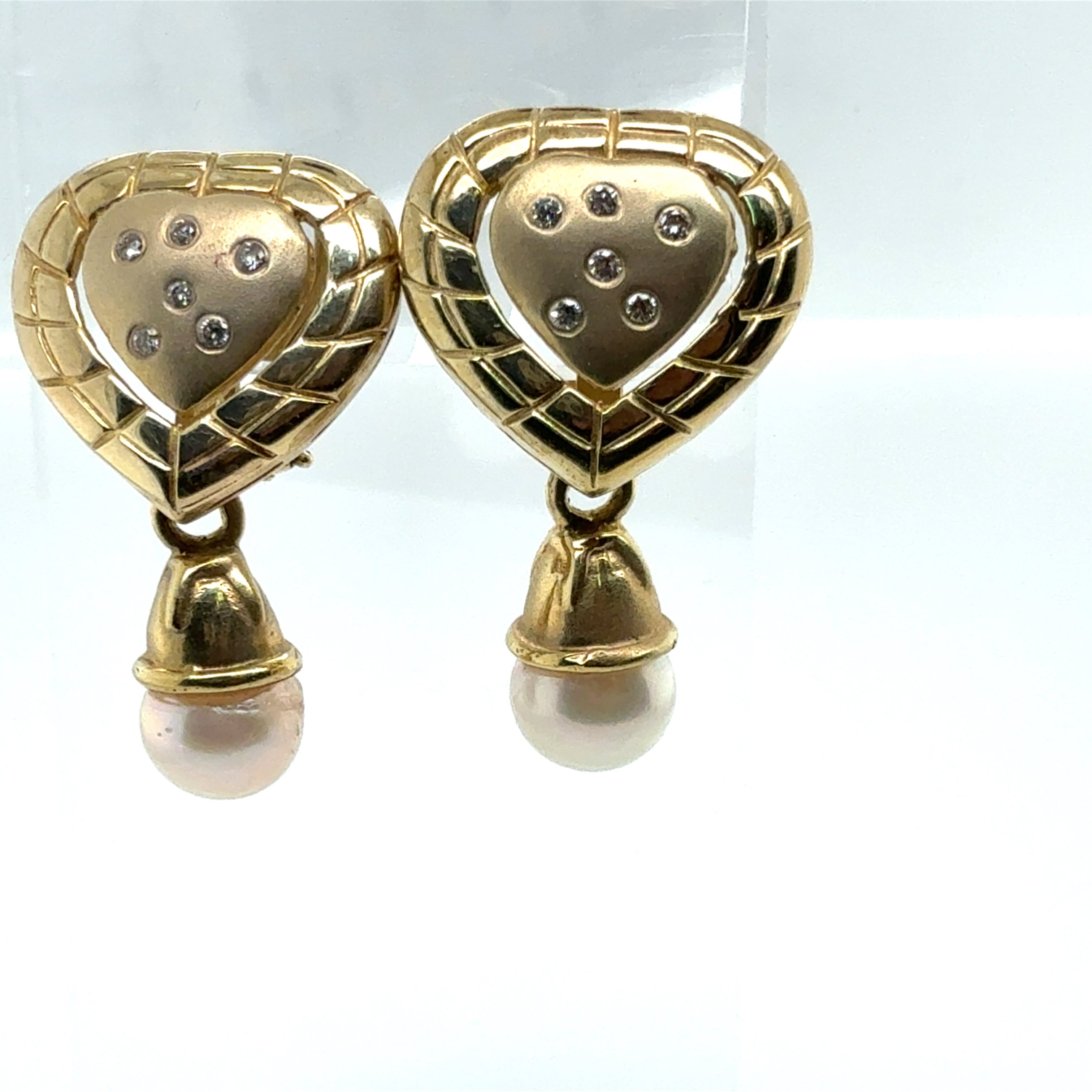 Retro Gold Natural Diamond & Pearl Heart Drop Statement Earrings Circa 1990