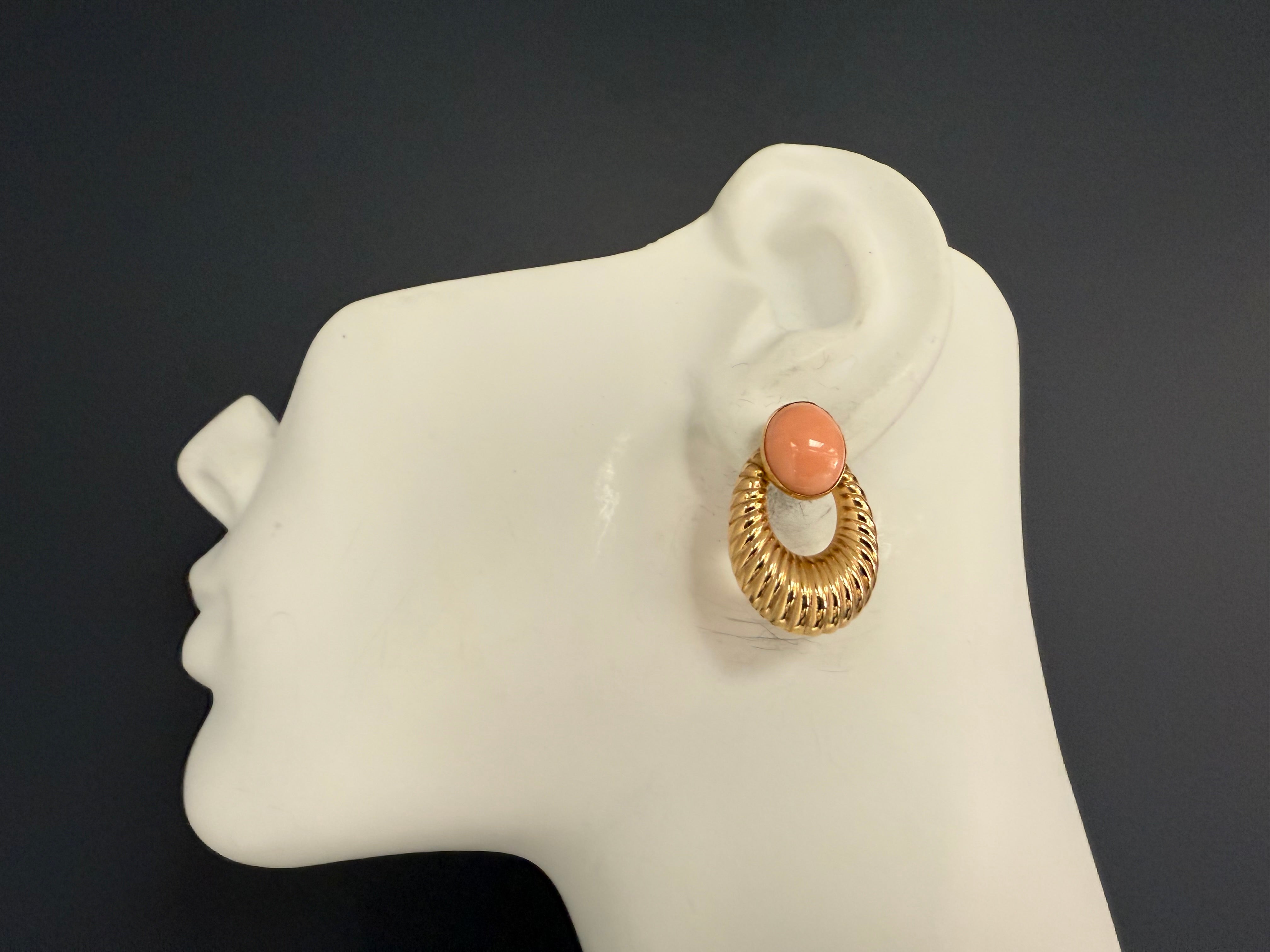 Retro Gold Pink Coral Cabochon Statement Earrings, Circa 1970