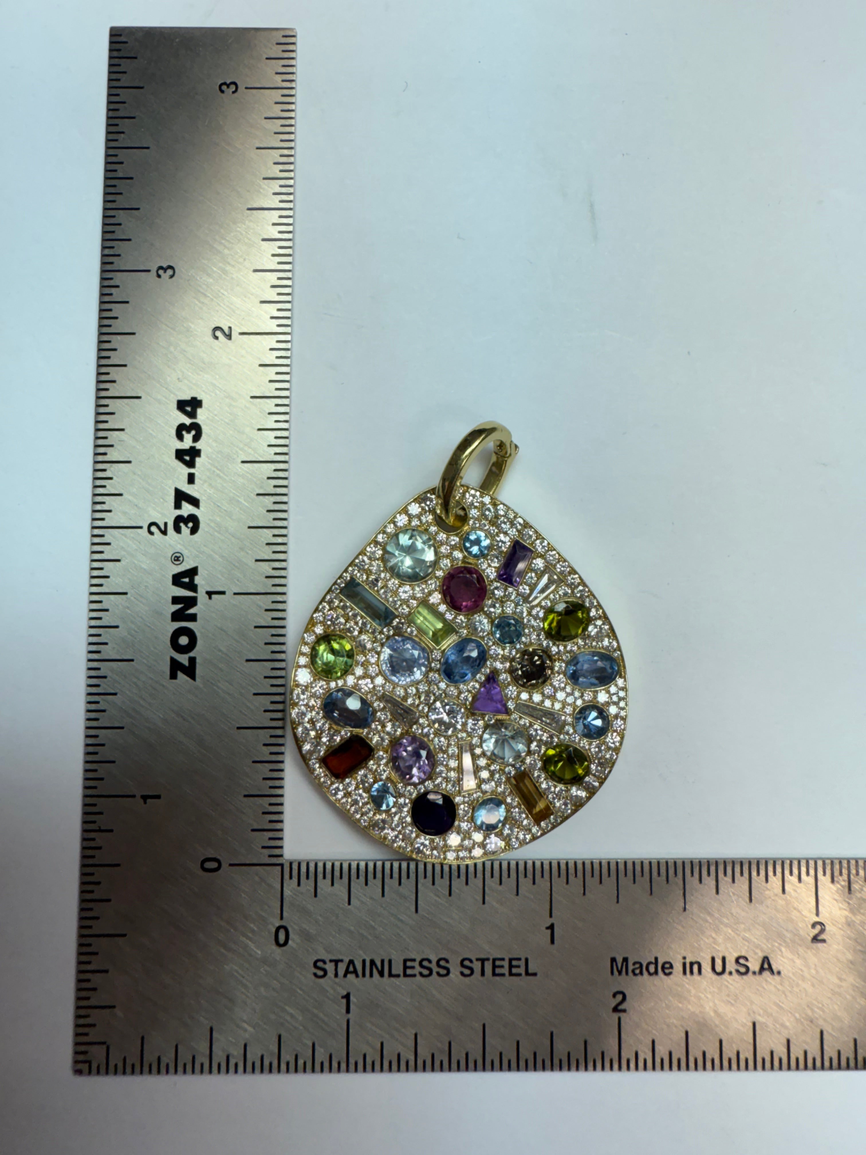 Modern Yellow Gold 4 Carat Natural Diamond & Multicolor Statement Pendant