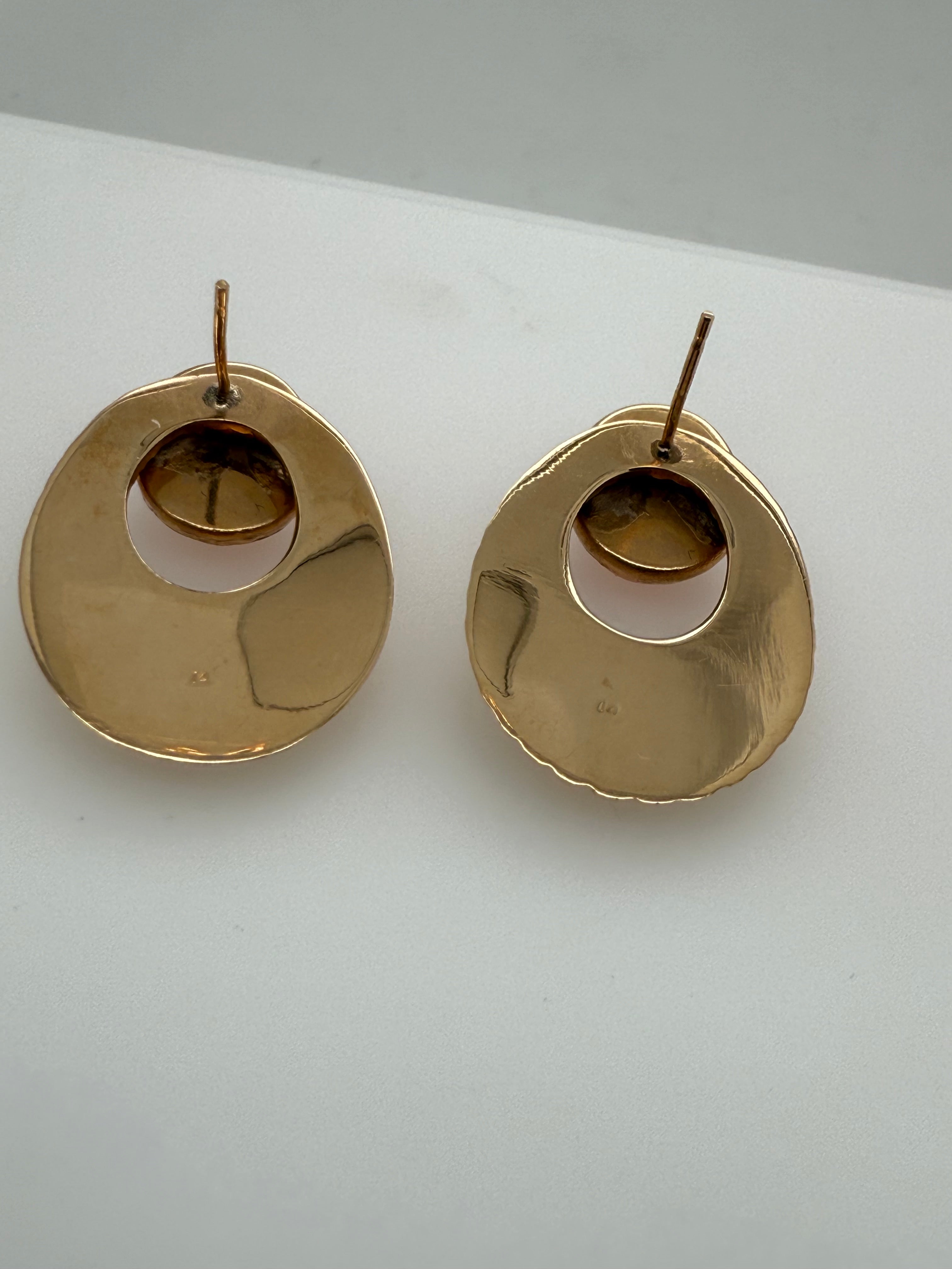 Retro Gold Pink Coral Cabochon Statement Earrings, Circa 1970