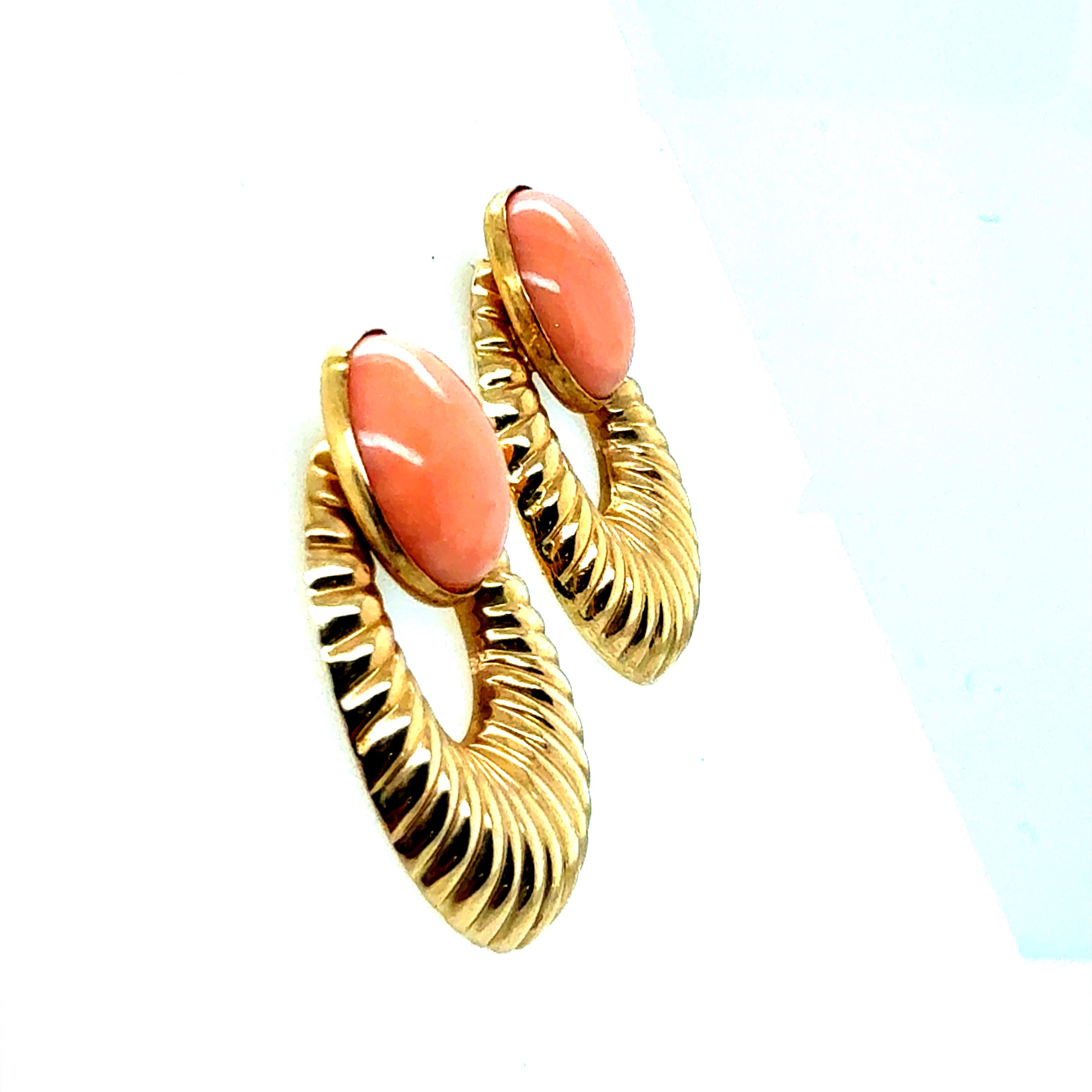 Retro Gold Pink Coral Cabochon Statement Earrings, Circa 1970