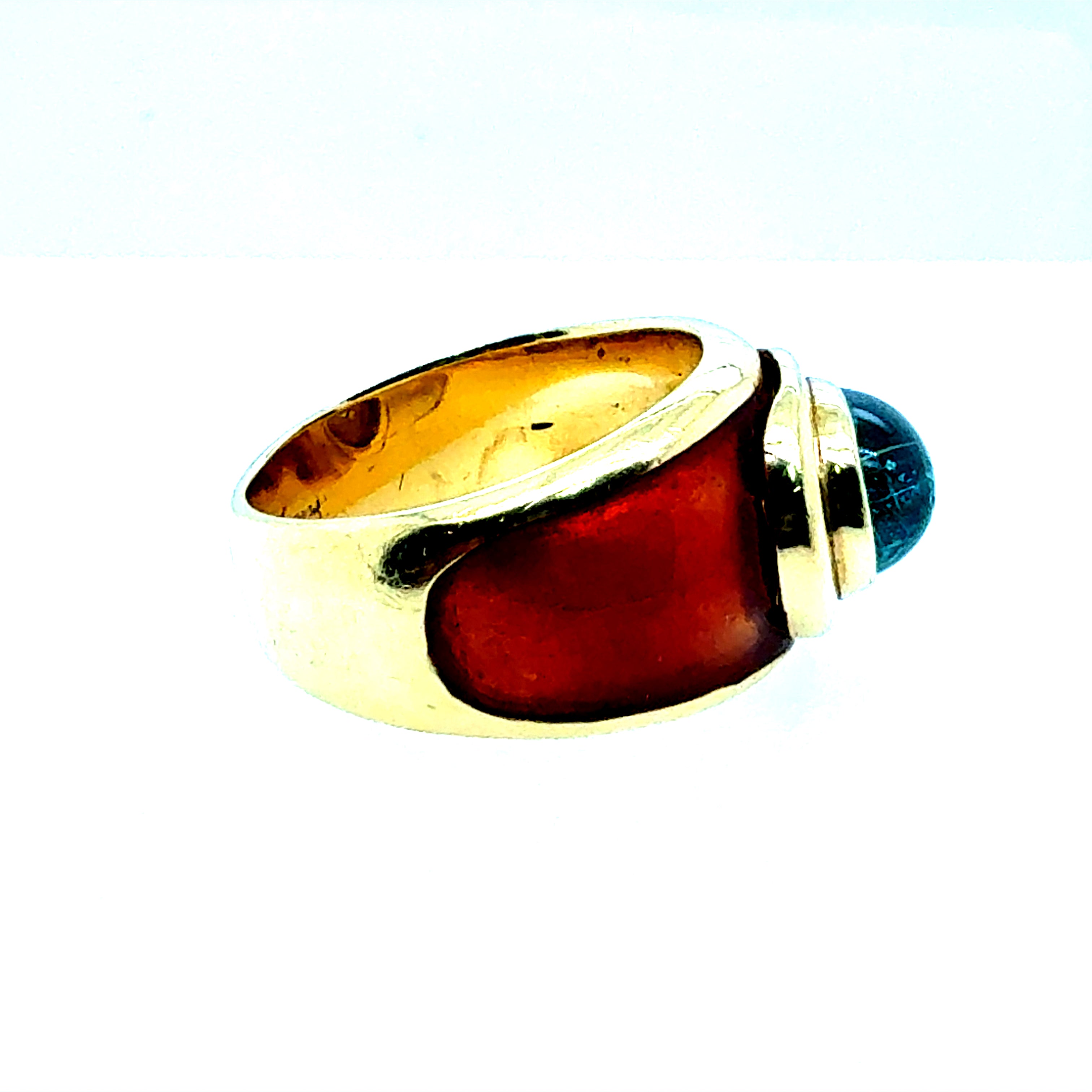 Retro Yellow Gold Tourmaline Cabochon with Caramel Enamel Statement Ring
