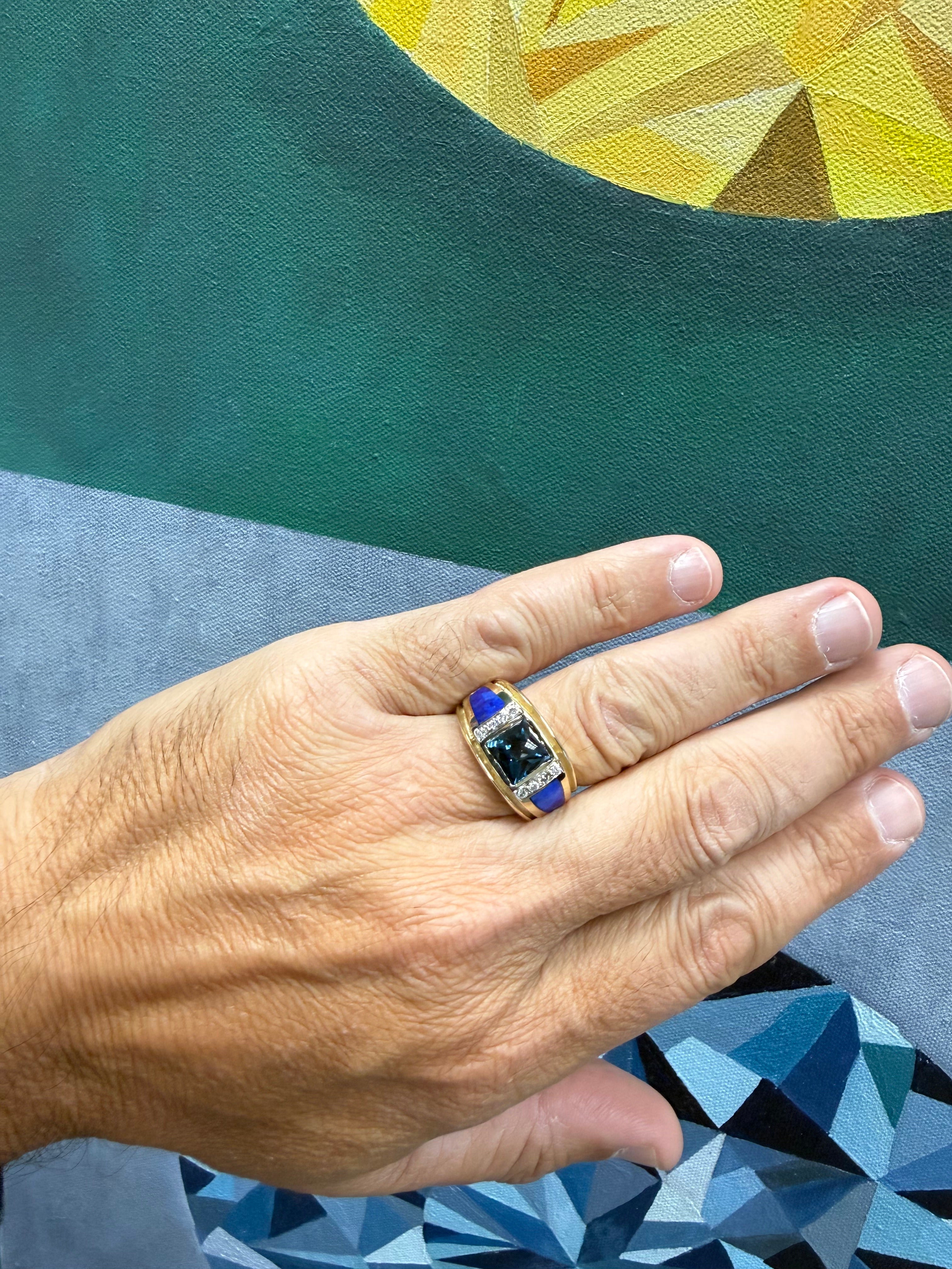 Retro Gold Natural London Blue Topaz & Diamond Mens Ring Circa 1980