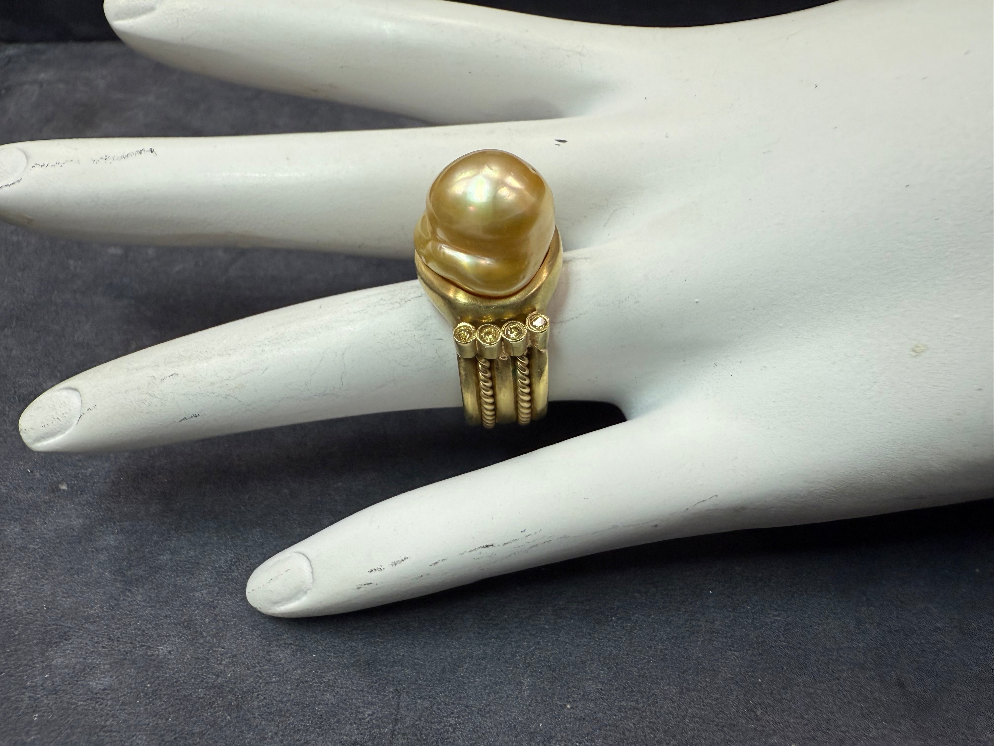Retro Gold Natural Vivid Yellow Diamond & Golden South Sea Pearl Ring Circa 1990