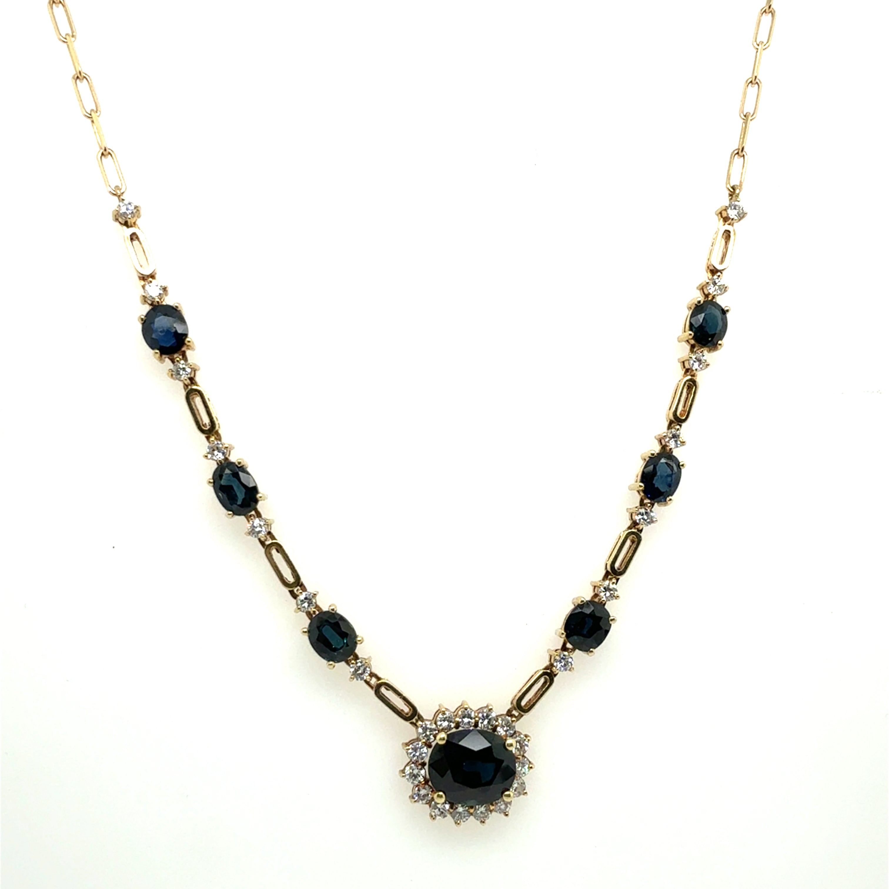 Retro Gold 7.55 Carat Natural Diamond & Royal Blue Sapphire Statement Necklace