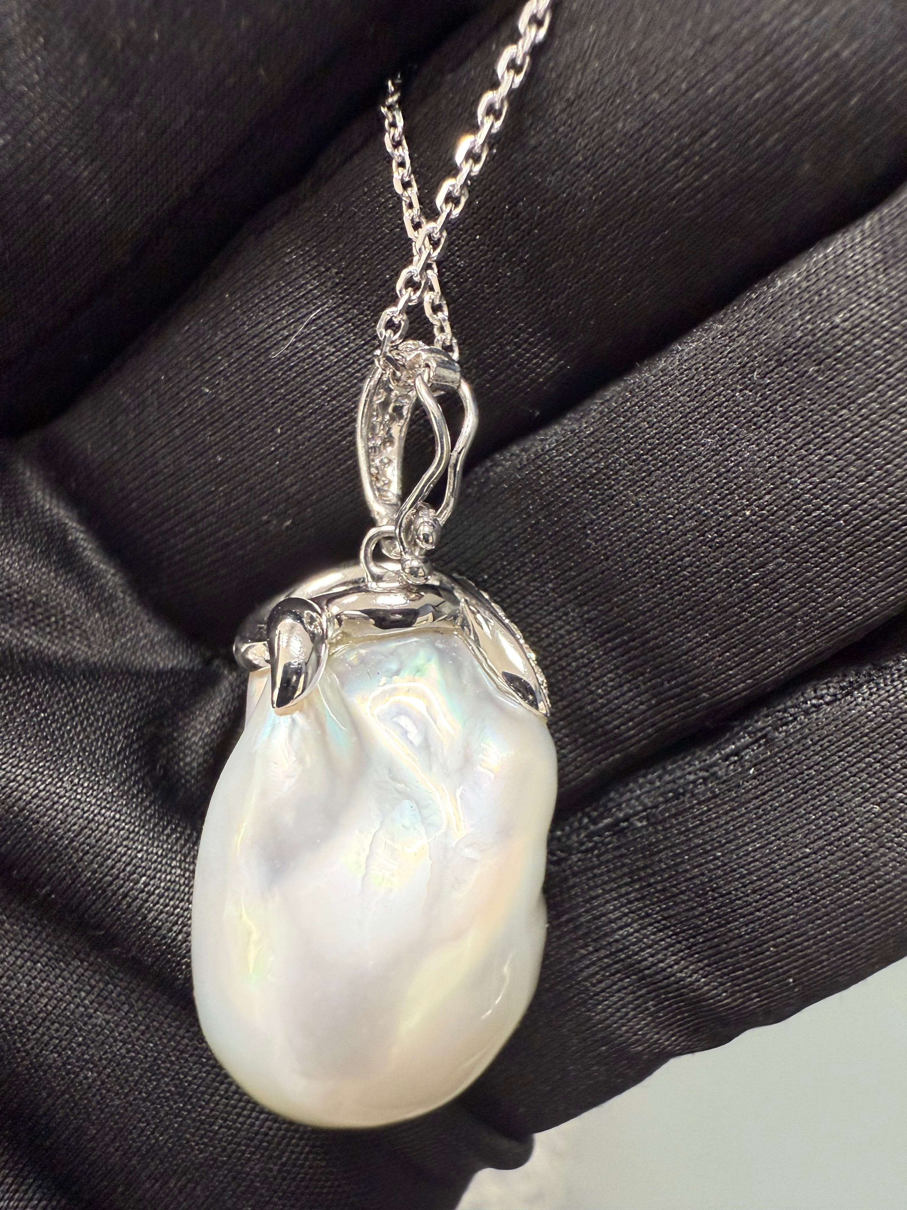 Retro White Gold Natural Australian Baroque South Sea Pearl & Diamond Pendant