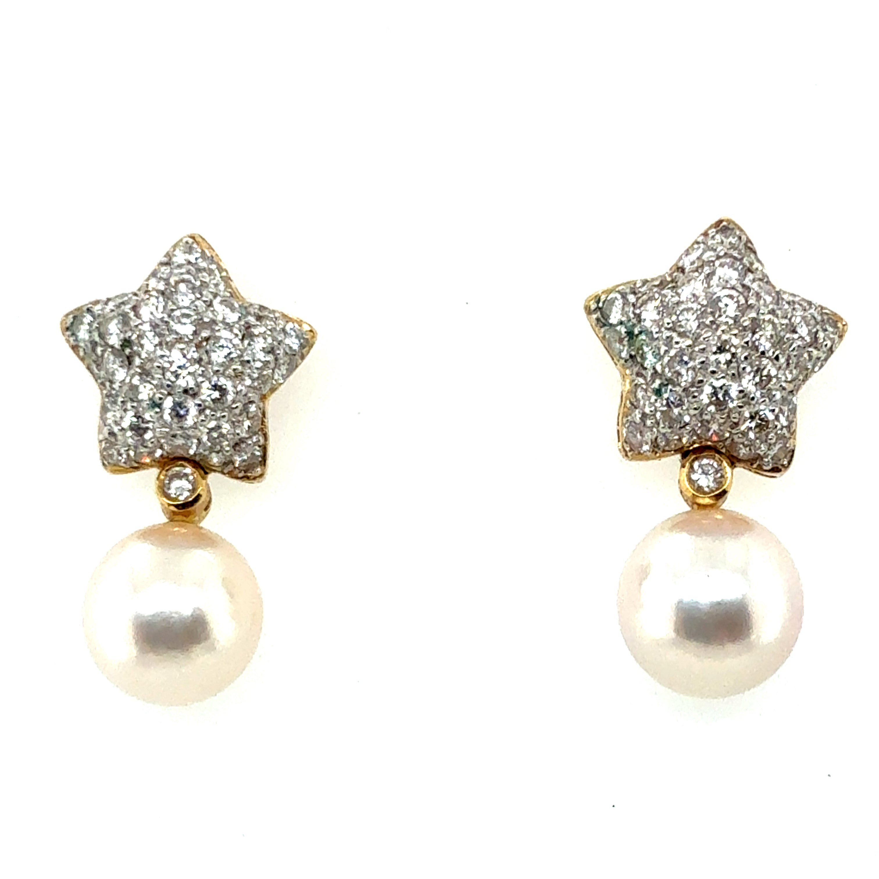 Modern Gold 1.5 Carat Natural Diamond and South Sea Pearl Star Earrings