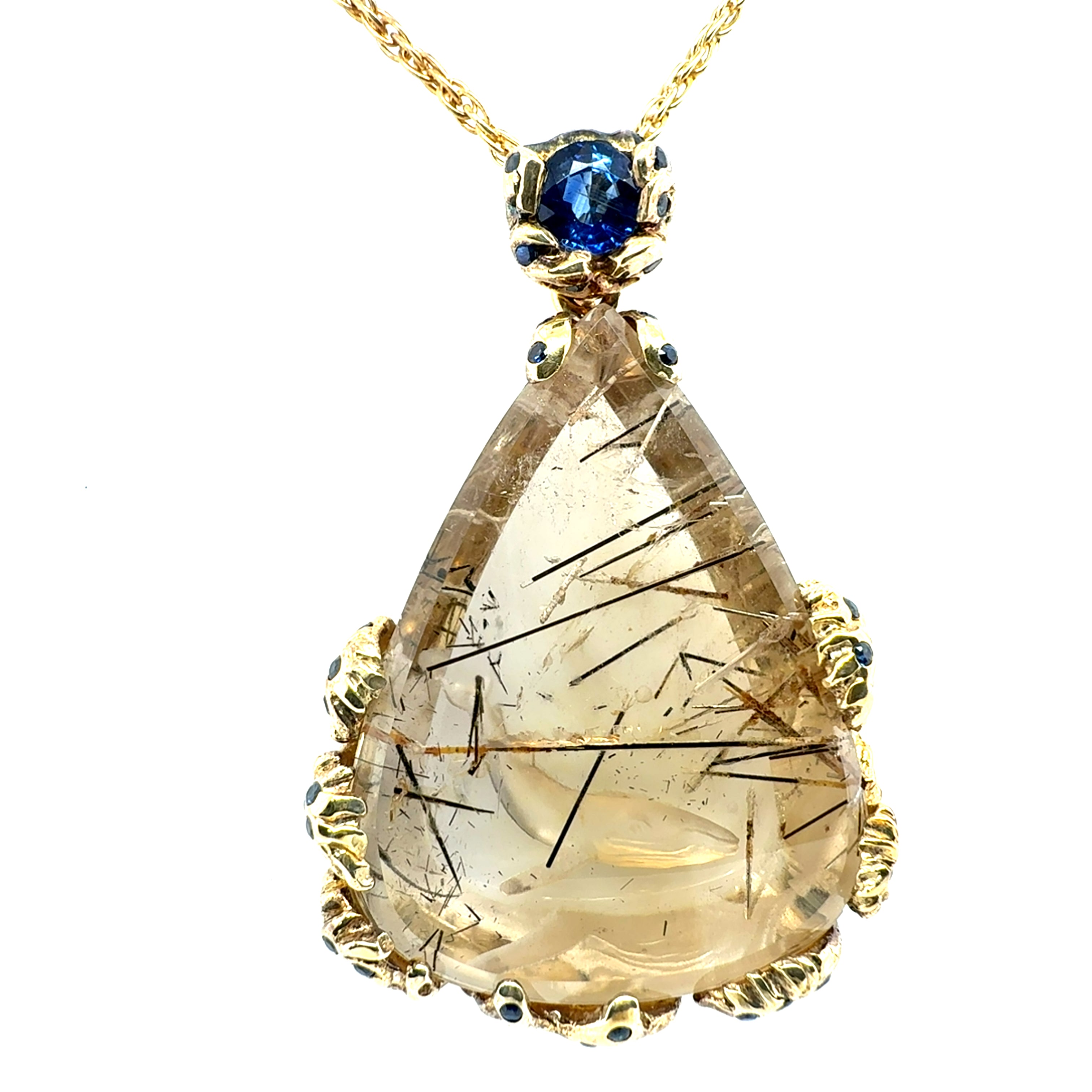 Retro 925 Silver Blue Sapphire, Quartz, Kyanite Statement Pendant by F. Barthe