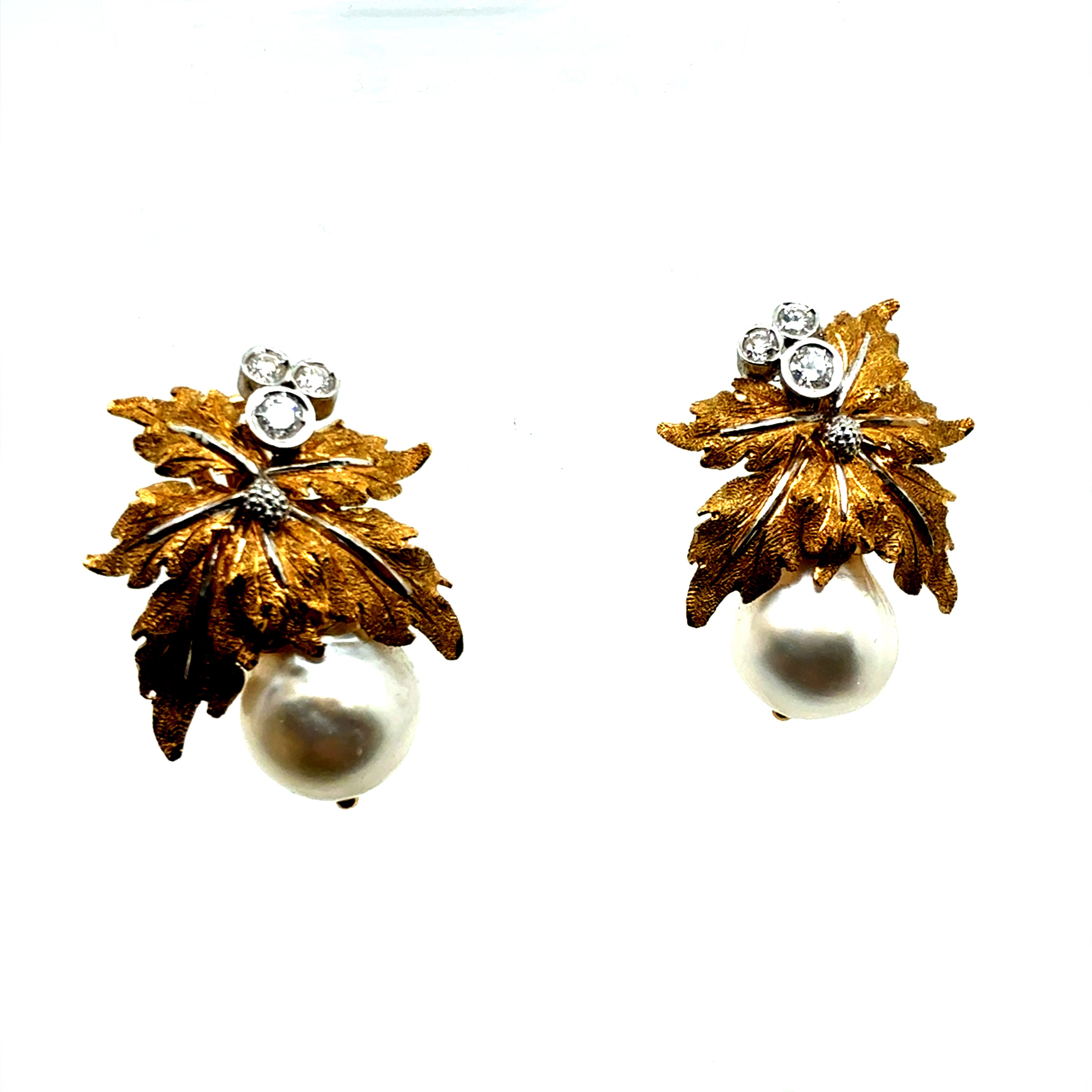 Retro Gold Natural Diamond and 11mm Pearl Leaf Earrings, Circa 1970