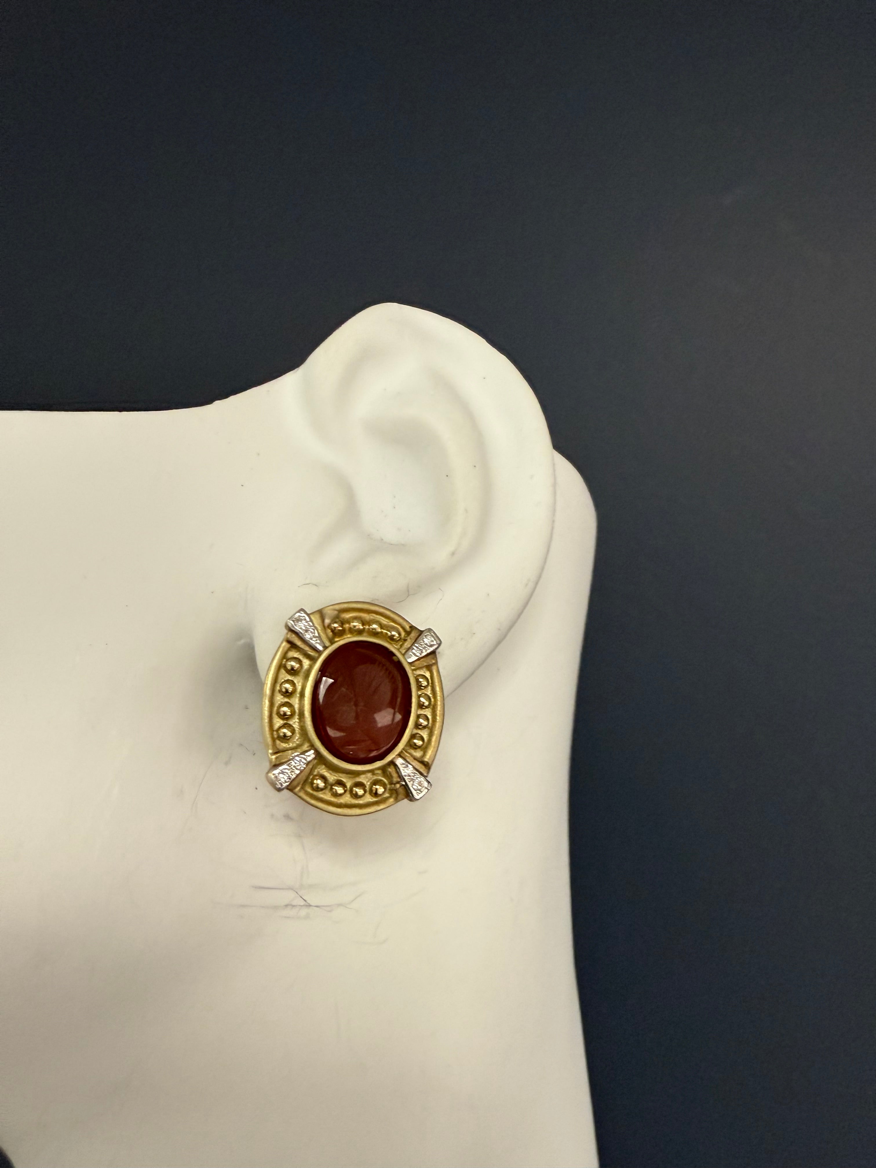 Retro Gold Natural Diamond and Roman Carnelian Intaglio Statement Earrings