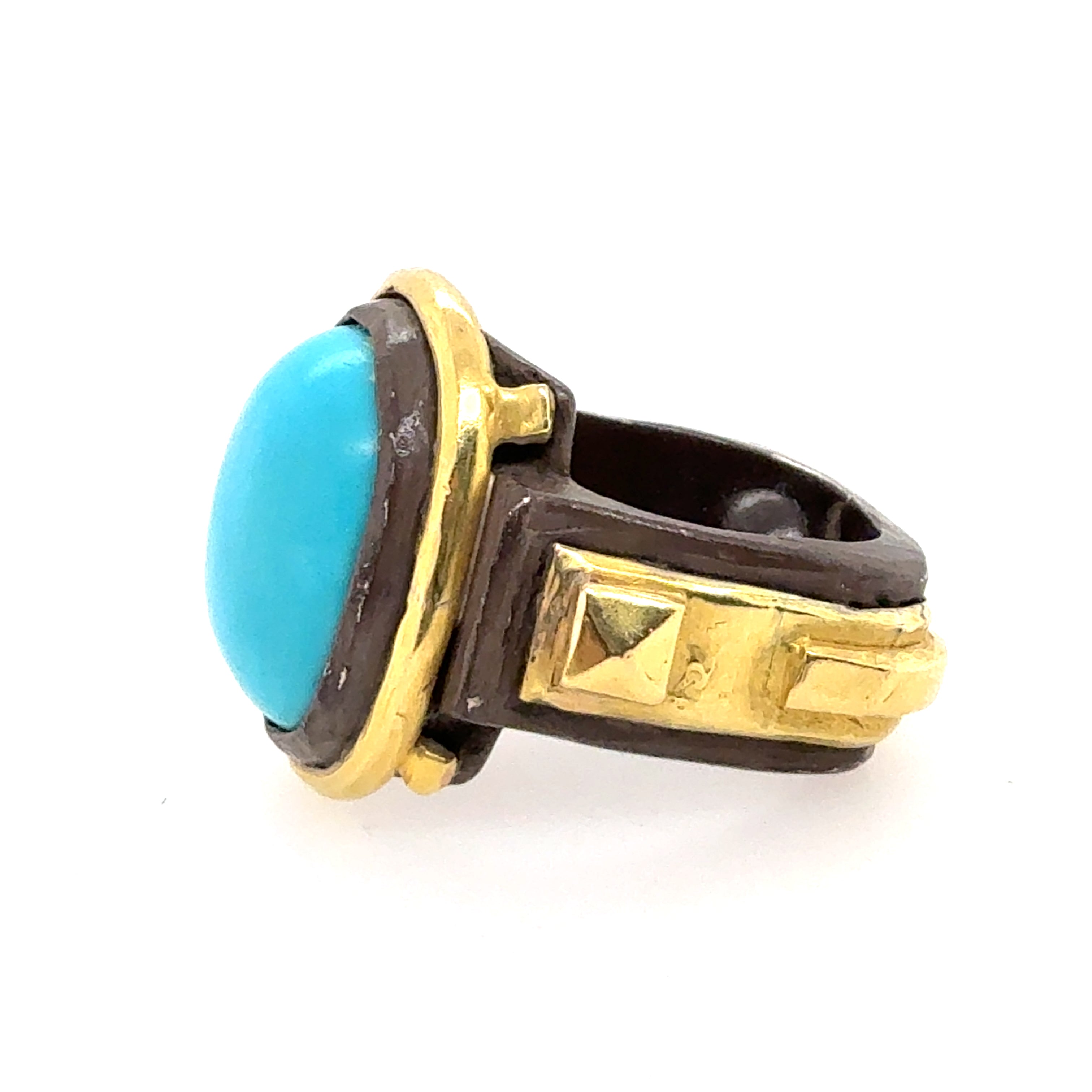 Retro 18K Gold & Silver 16mm Turquoise Cab Statement Ring Circa 2000
