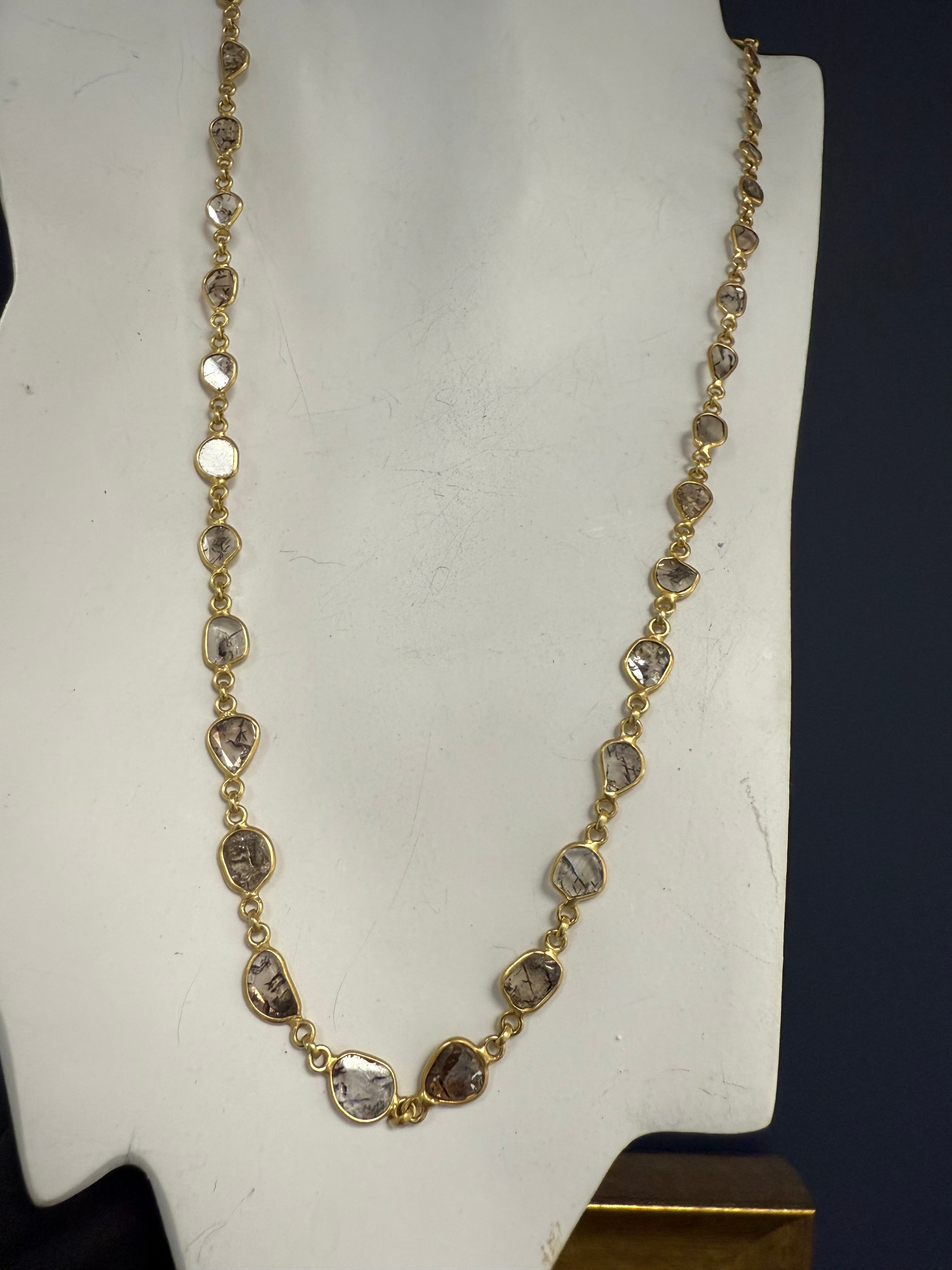 Retro Yellow Gold Natural Diamond Slice 22 Inch Statement Necklace