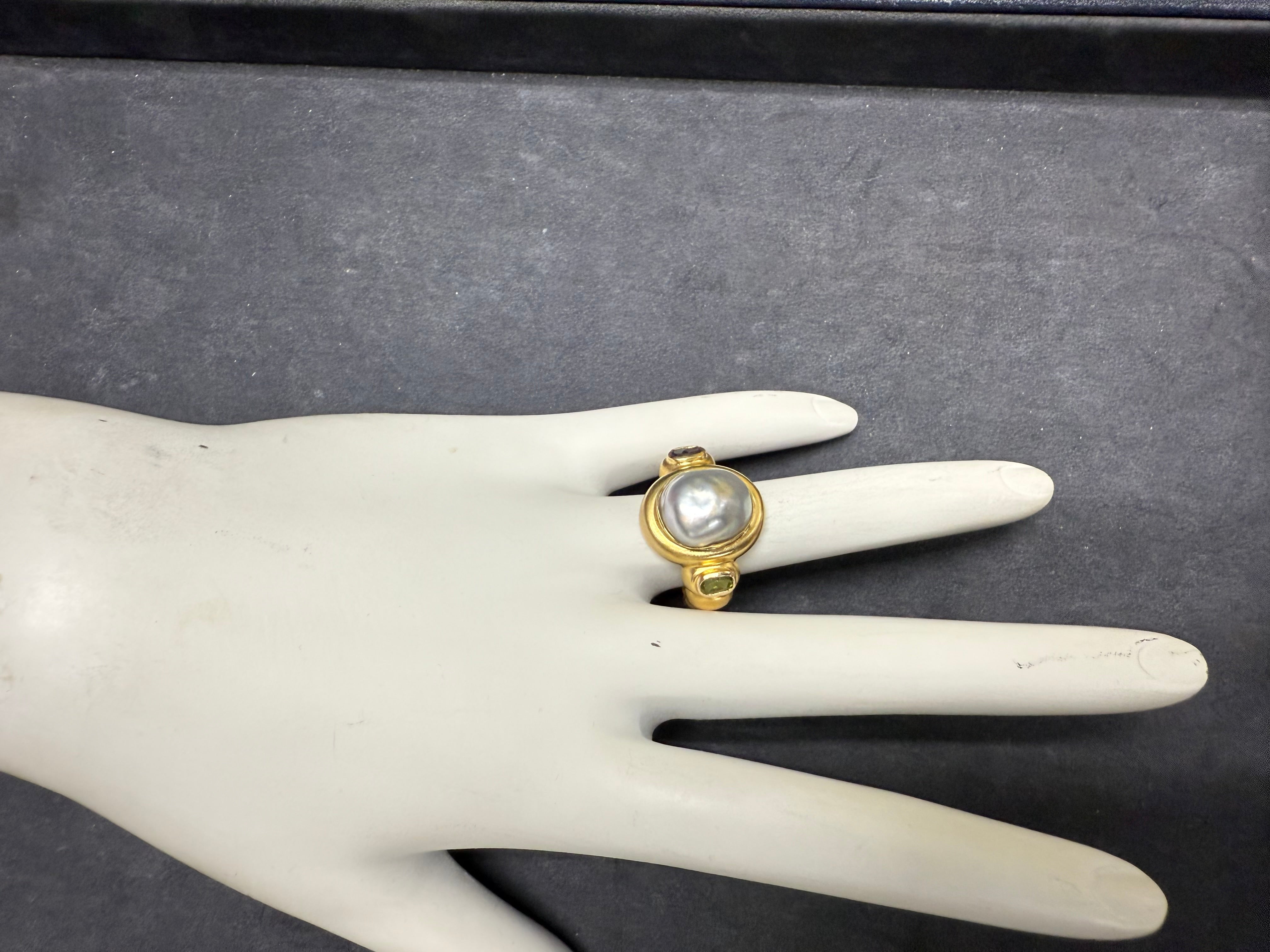 Retro Gold Baroque Gray Pearl Amethyst & Peridot Statement Ring Circa 2000