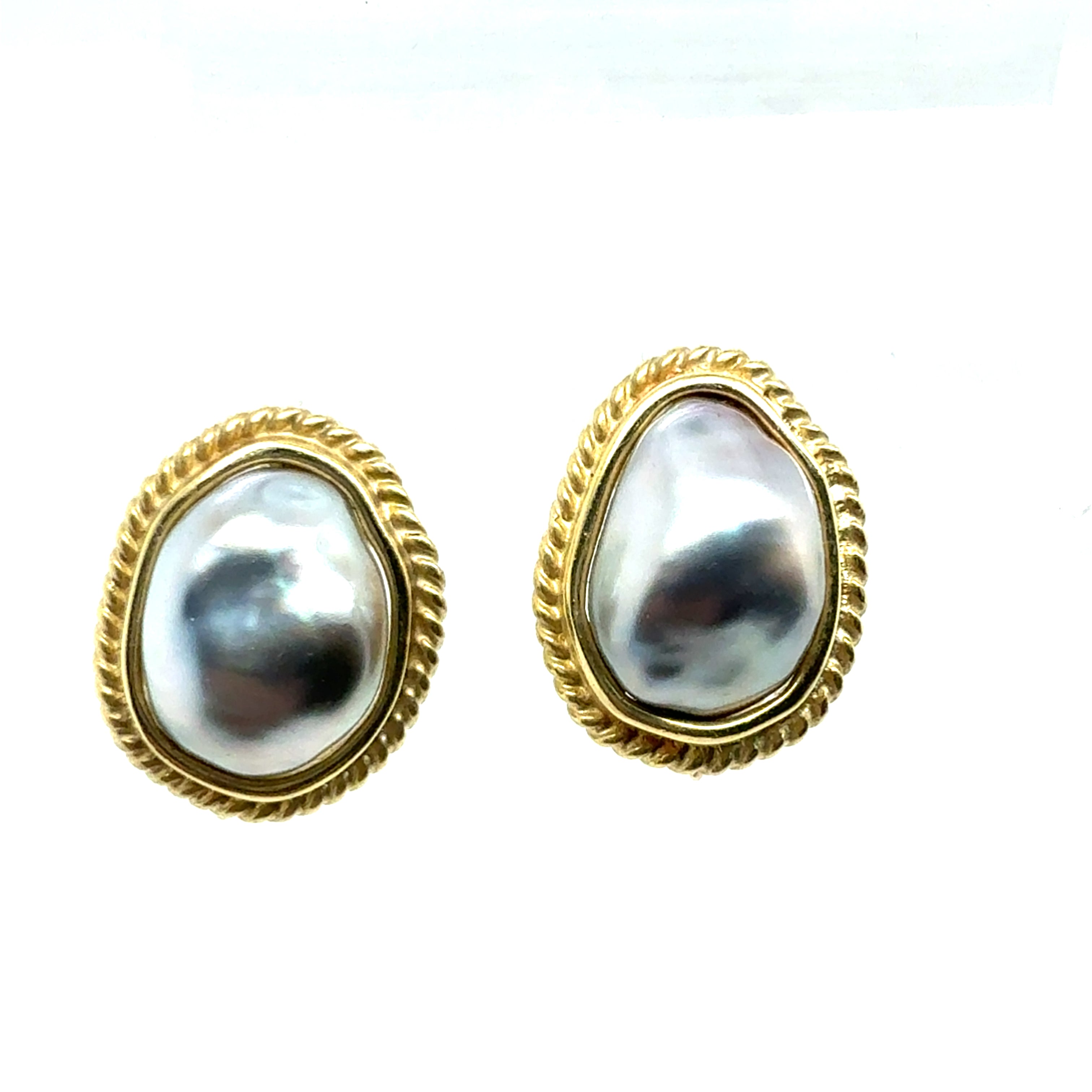 Retro Yellow Gold Black Tahitian Baroque Pearl Earrings Circa 1995