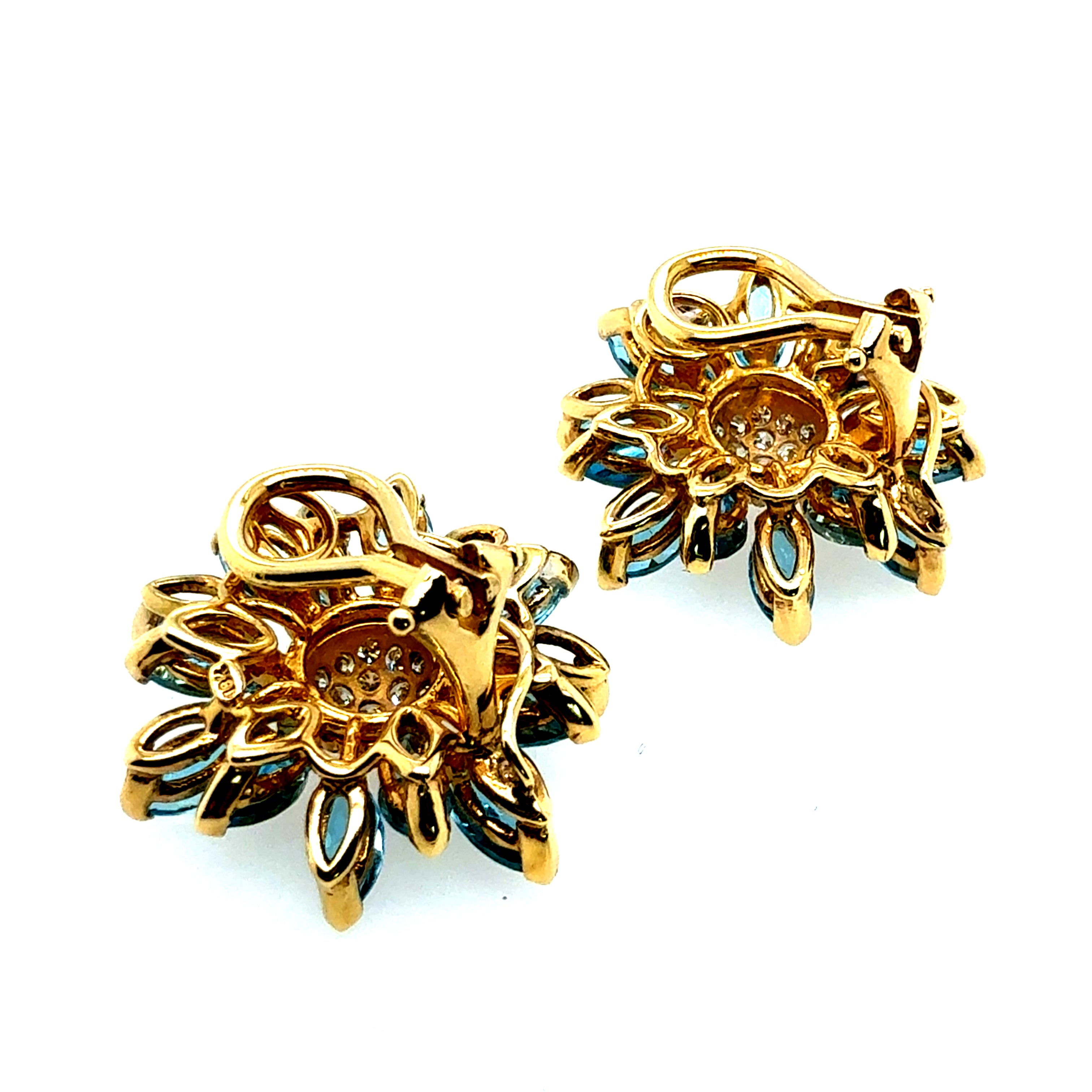 Retro Gold Natural Marquise London Blue Topaz Diamond Floral Earrings Circa 1970