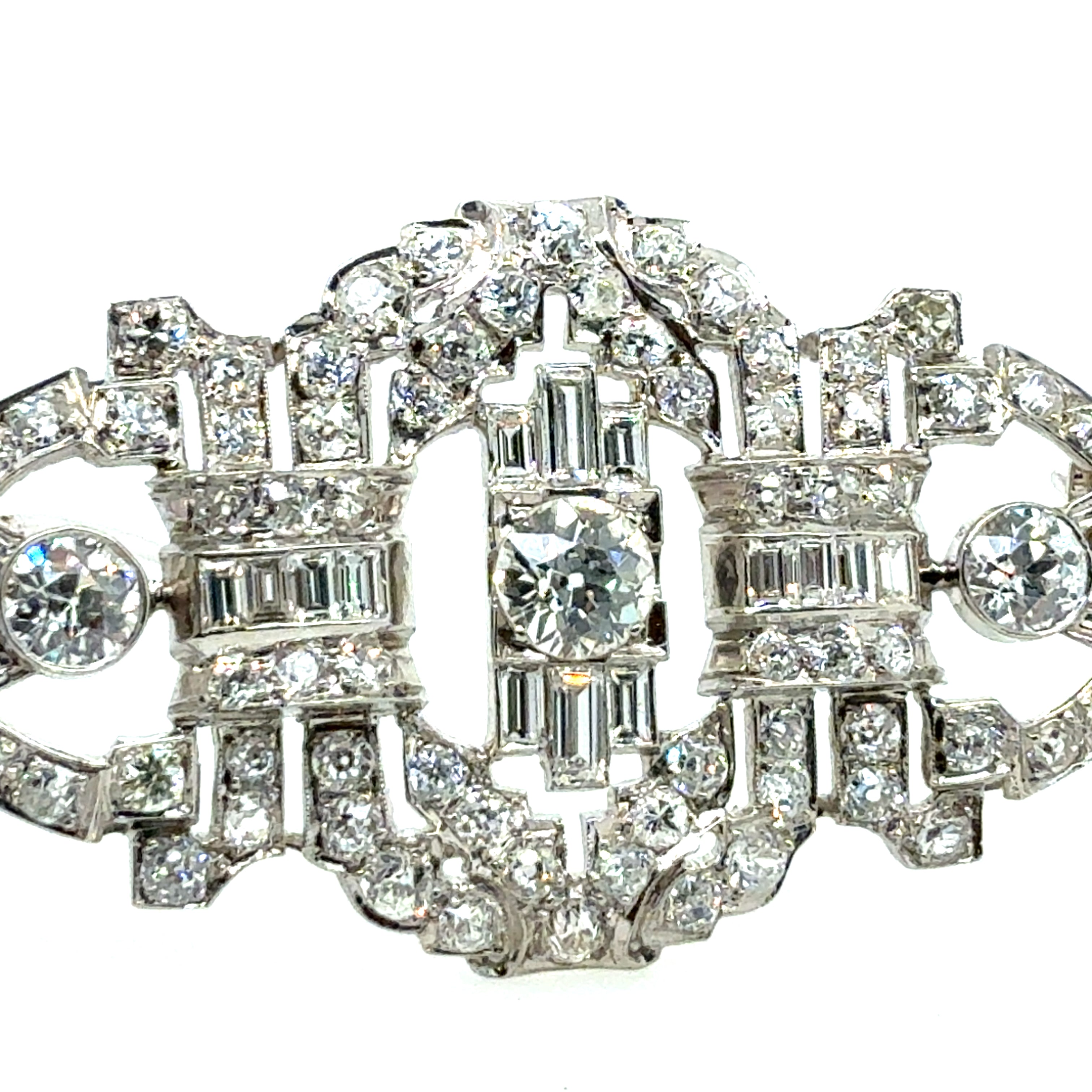 Rare Art Deco 7.5 Carat Natural Old Euro and Baguette Diamond Platinum Brooche