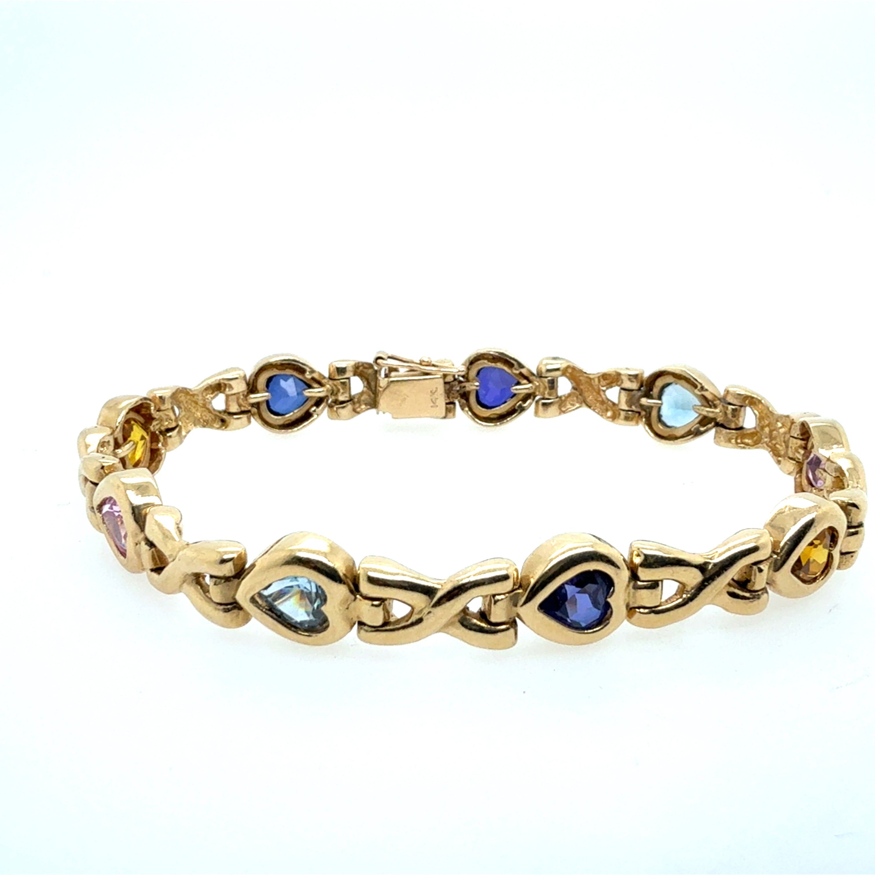 Retro 14K Yellow Gold Natural Multicolor Gem Heart Statement Bracelet Circa 1980