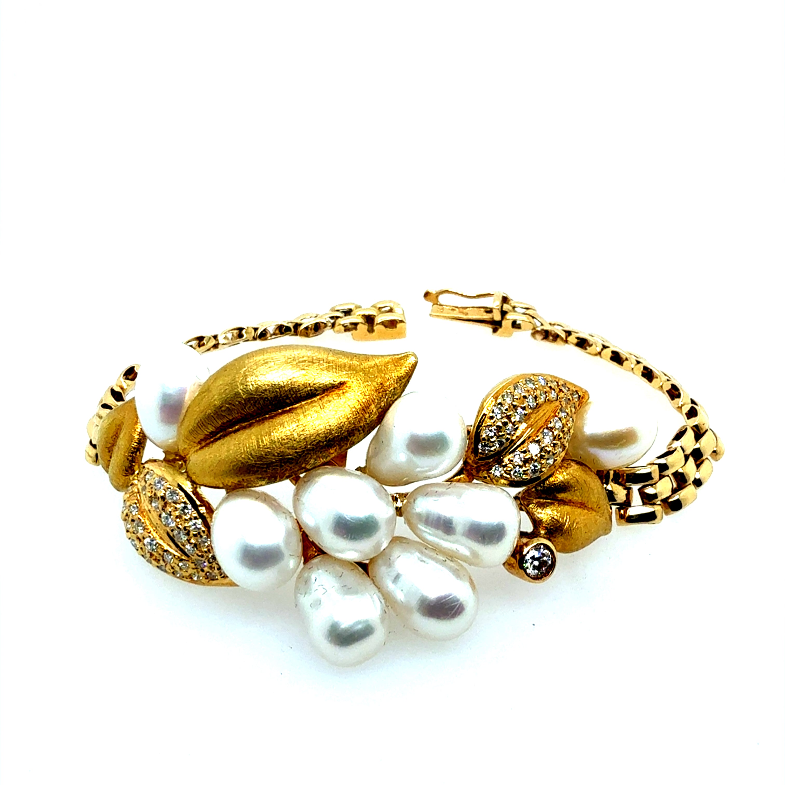 Retro Gold 0.75 Carat Diamond and Pearl Statement Leaf Bracelet Circa 1960