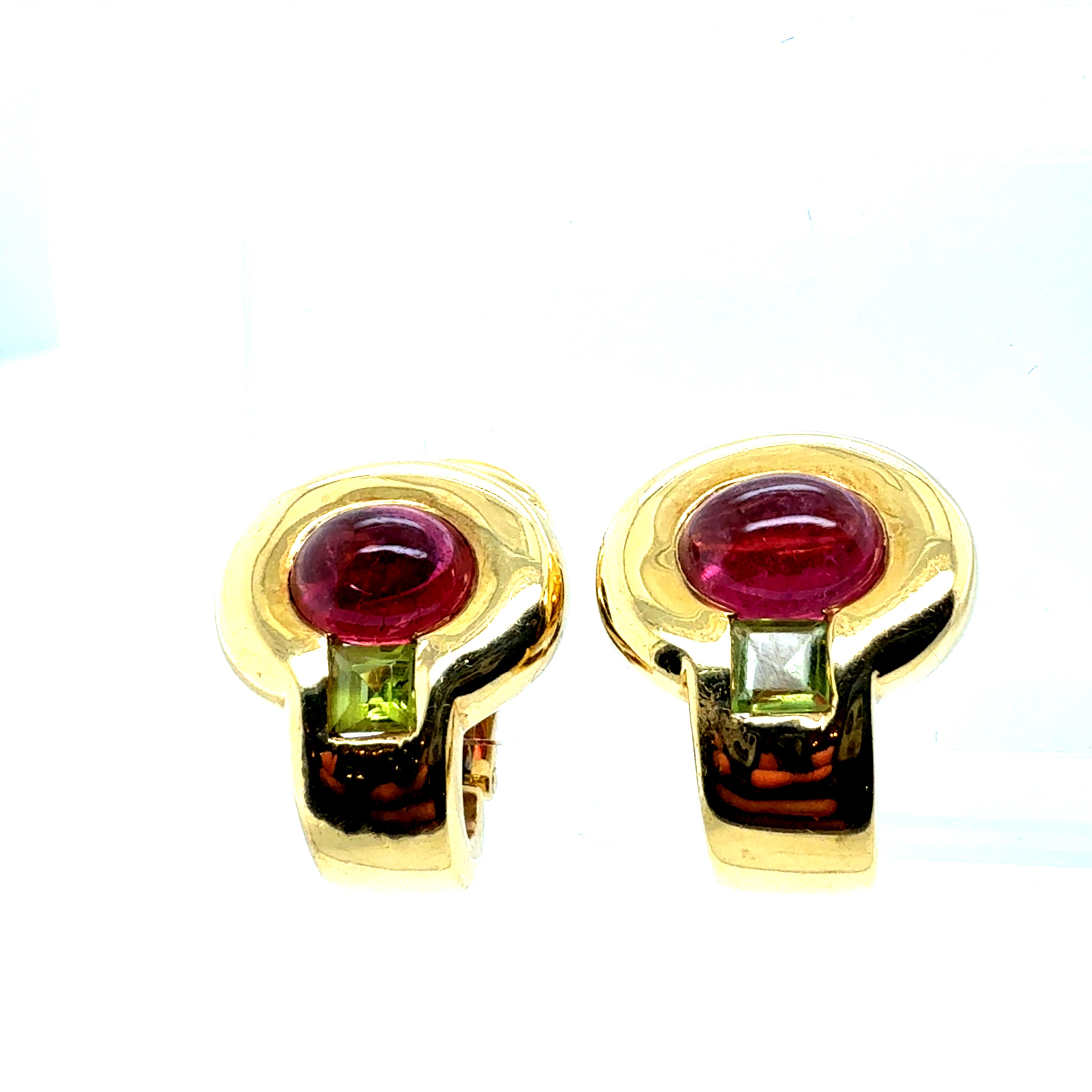 Retro Gold Natural Cabochon Tourmaline & Peridot Clip Earrings Circa 1980
