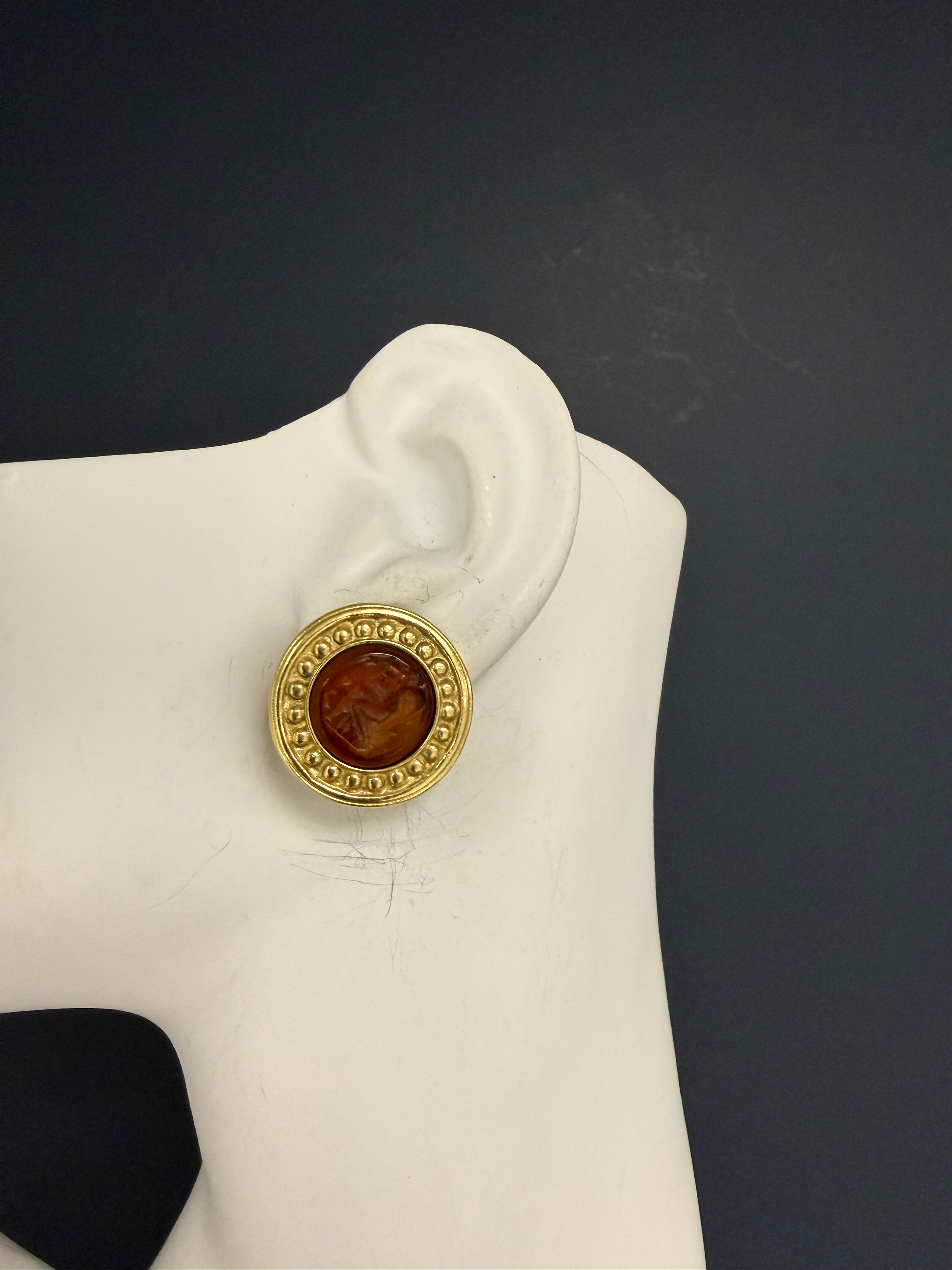 Retro Yellow Gold Amber-Colored Intaglio Statement Earrings Circa 1995