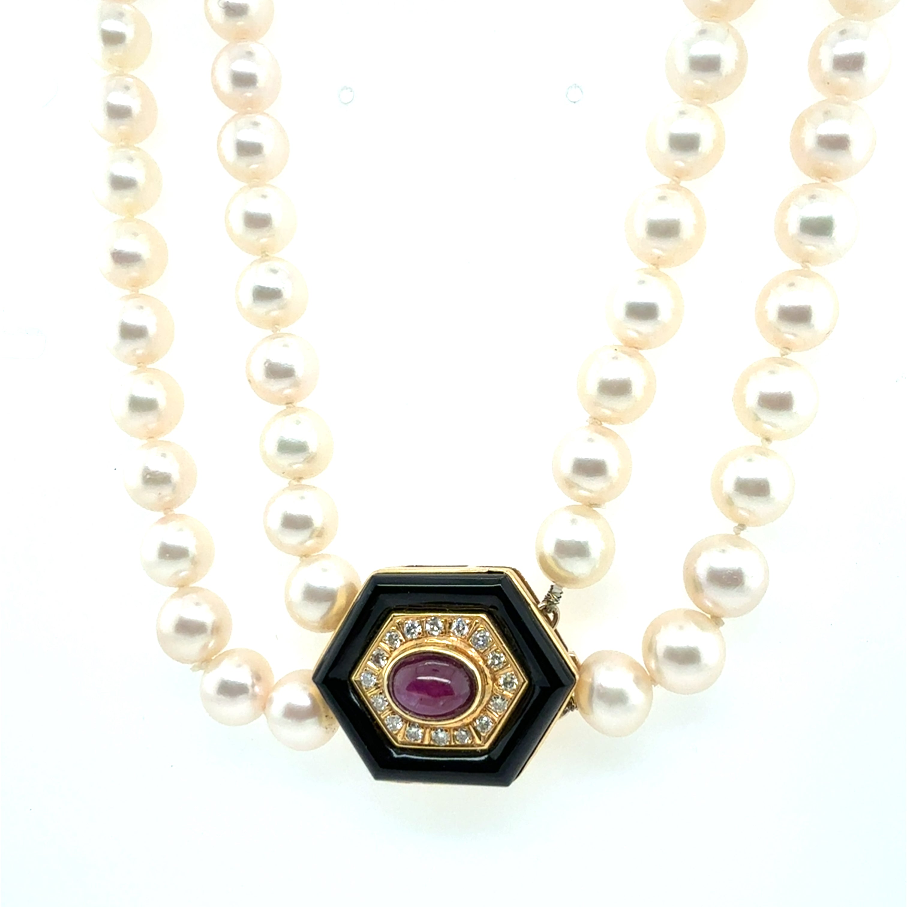 Retro Gold Double Row Pearl Onyx 0.4ct Natural Diamond Ruby CAB Necklace 1980