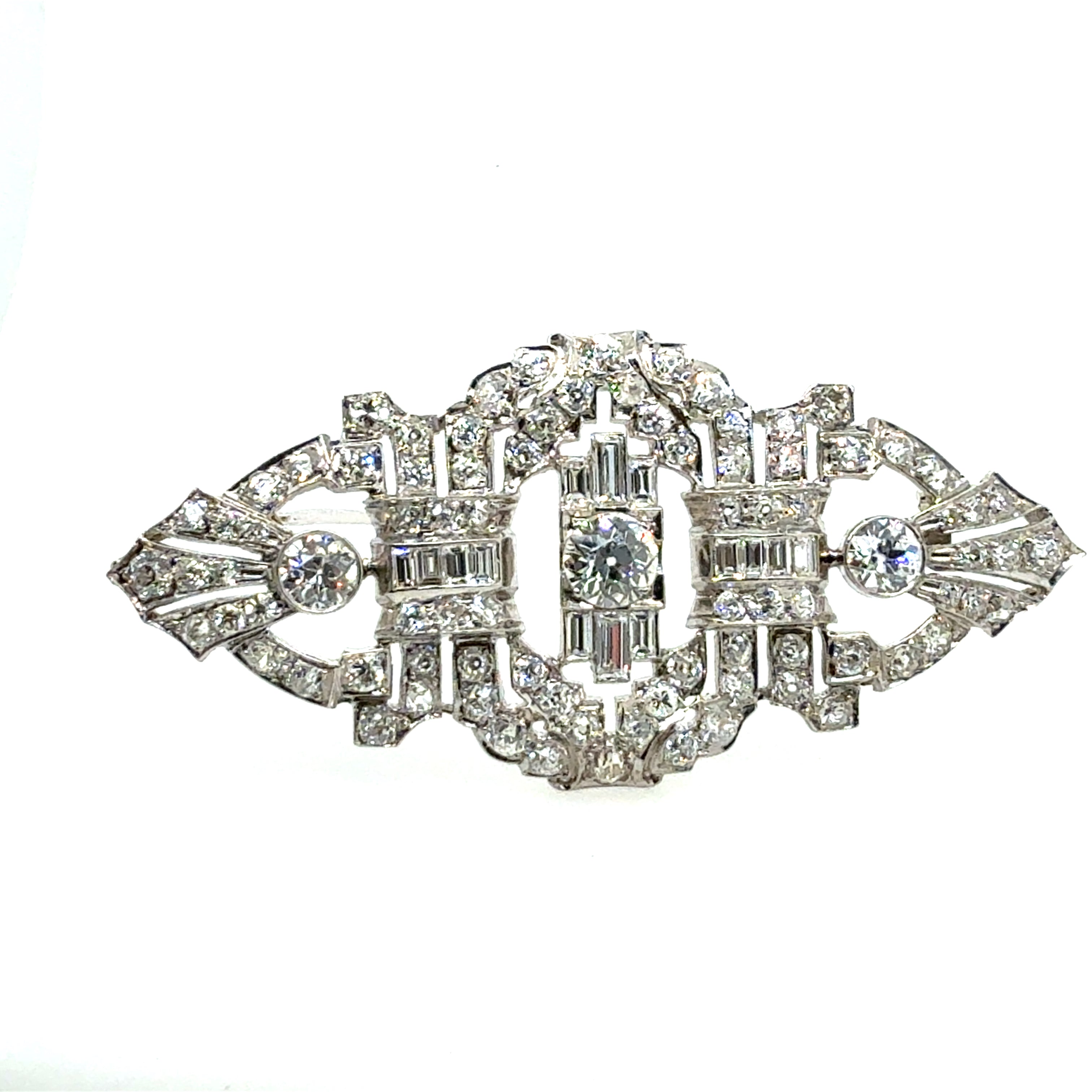 Rare Art Deco 7.5 Carat Natural Old Euro and Baguette Diamond Platinum Brooche