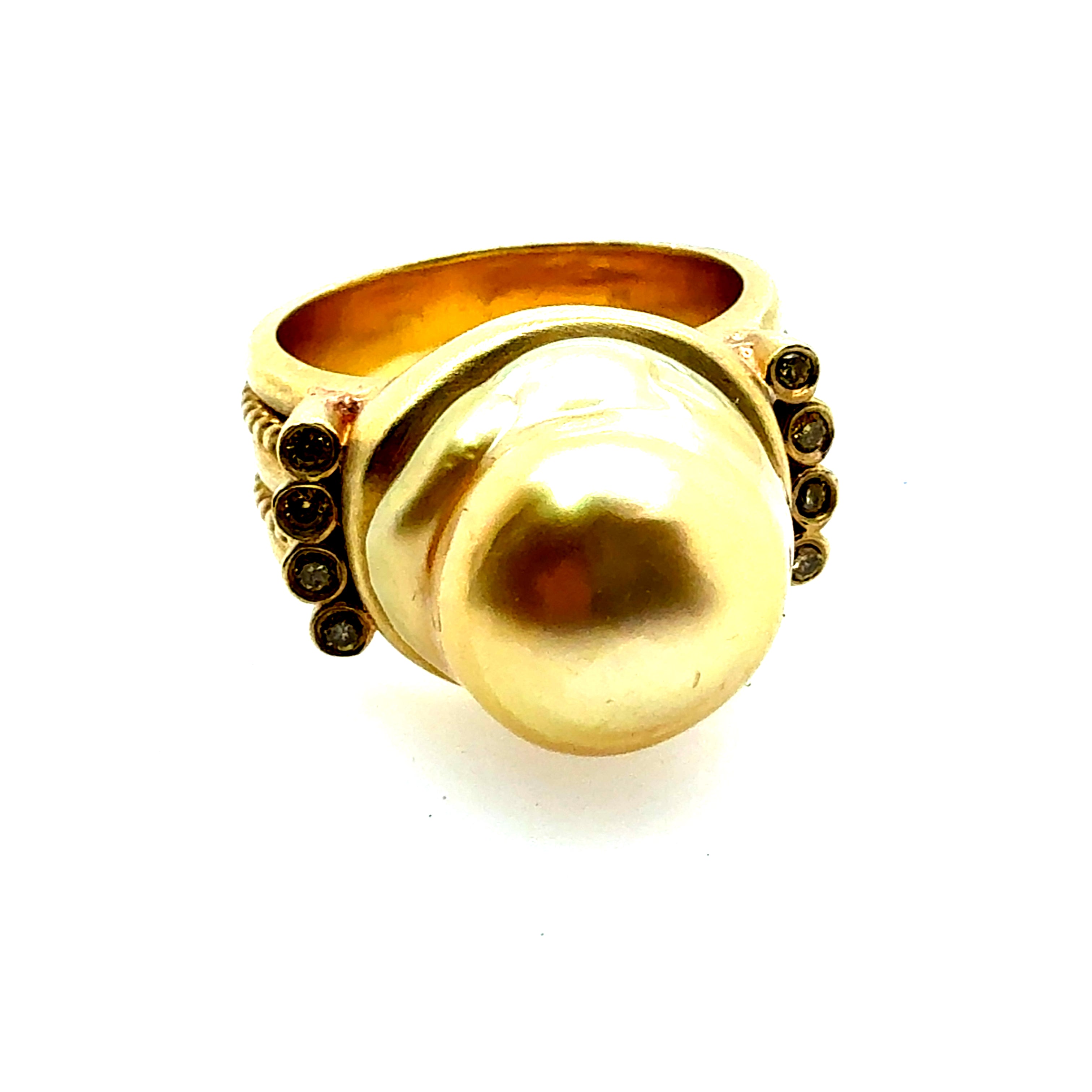 Retro Gold Natural Vivid Yellow Diamond & Golden South Sea Pearl Ring Circa 1990