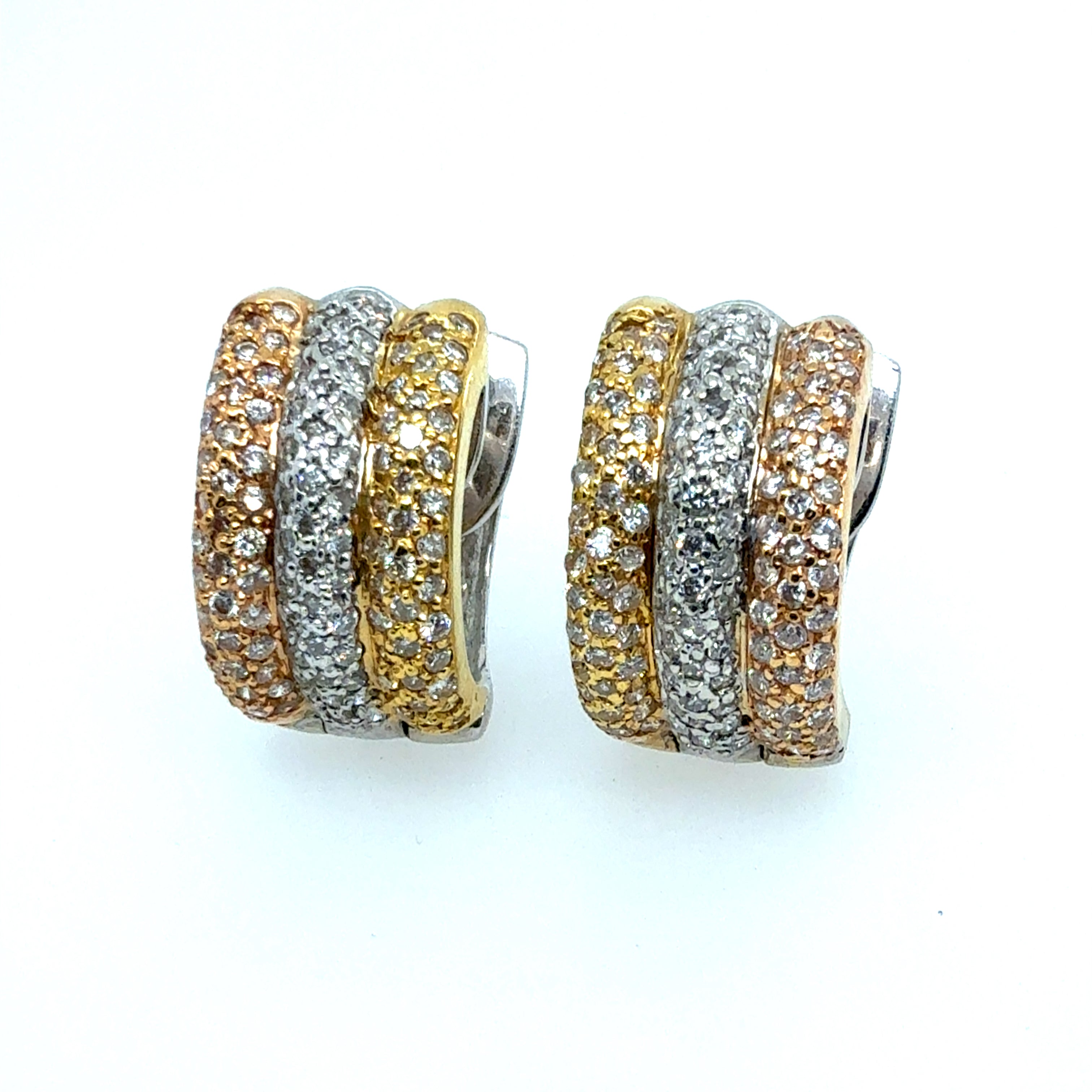 Modern Gold Tricolor Huggie Earrings with 1.50ct Natural Diamonds