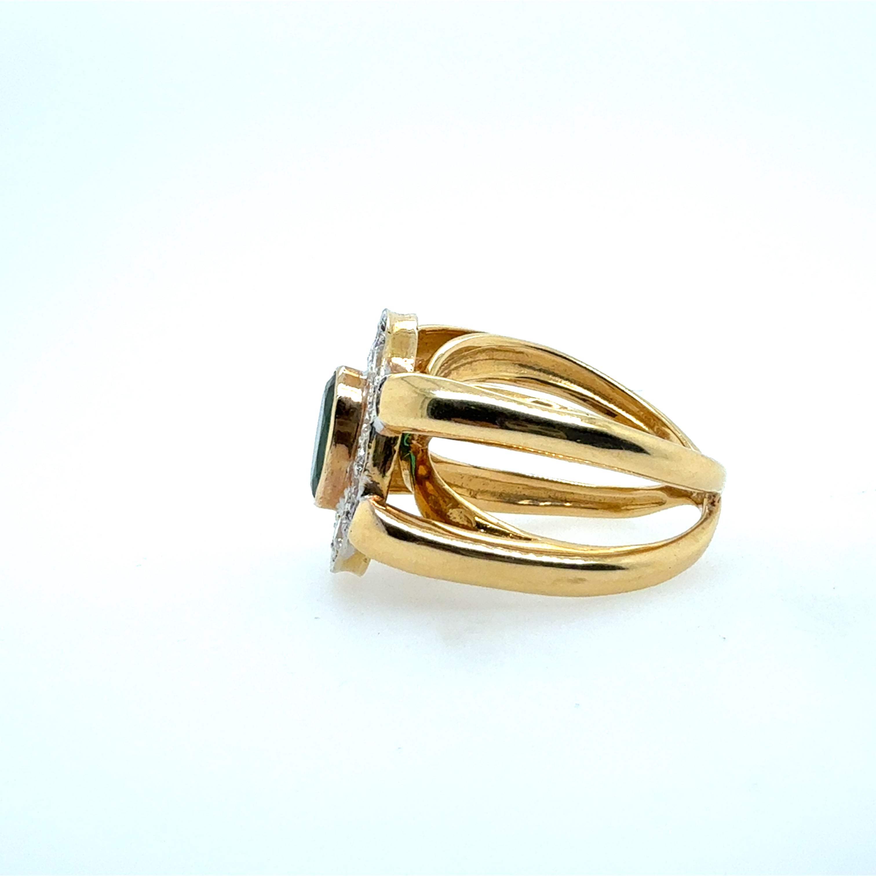 Retro 18K Yellow Gold Emerald & Diamond Split Shank Statement Ring Circa 1985