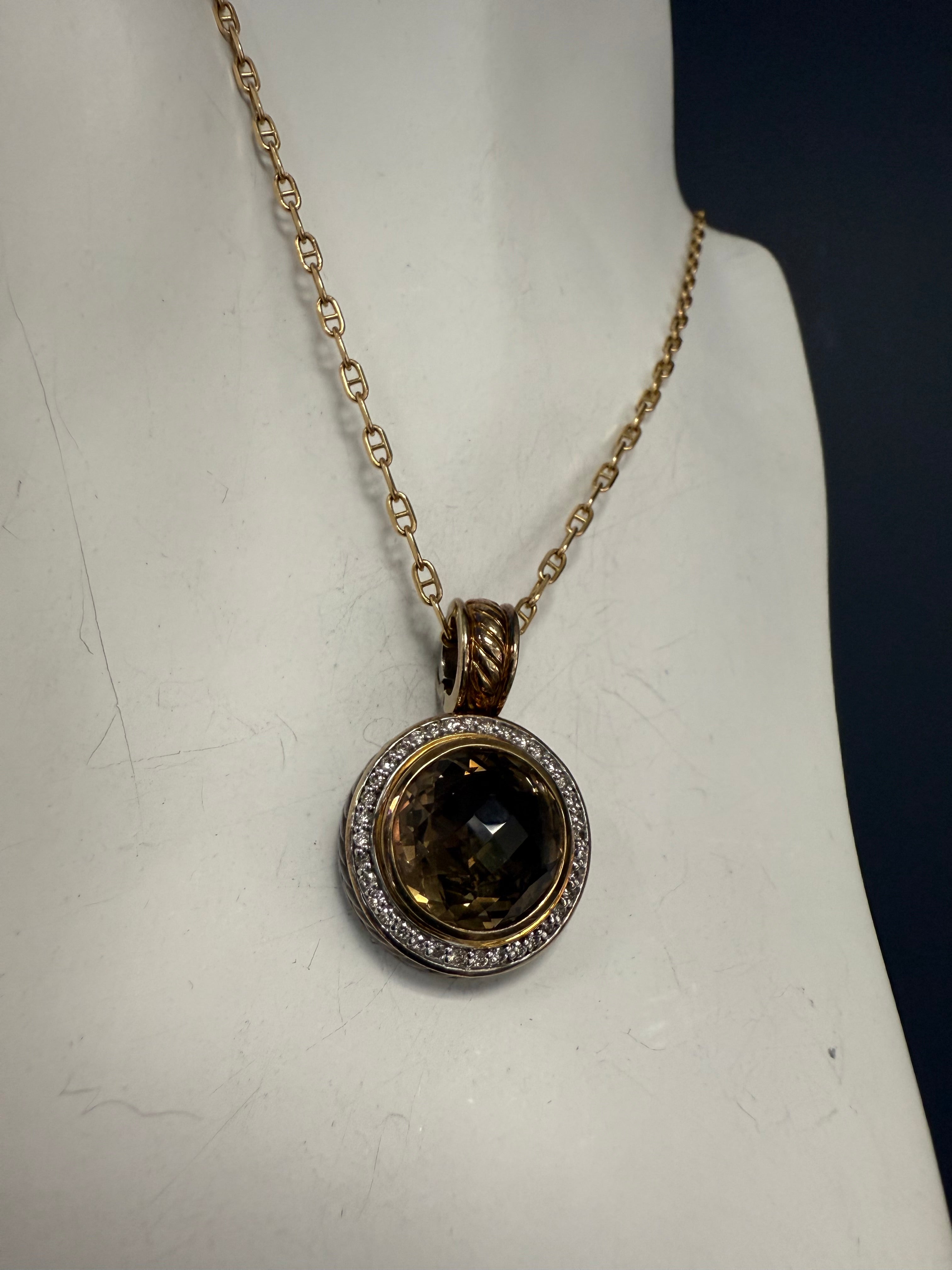 Modern Gold & Silver Natural Smoky Topaz & Diamond Pendant by David Yurman