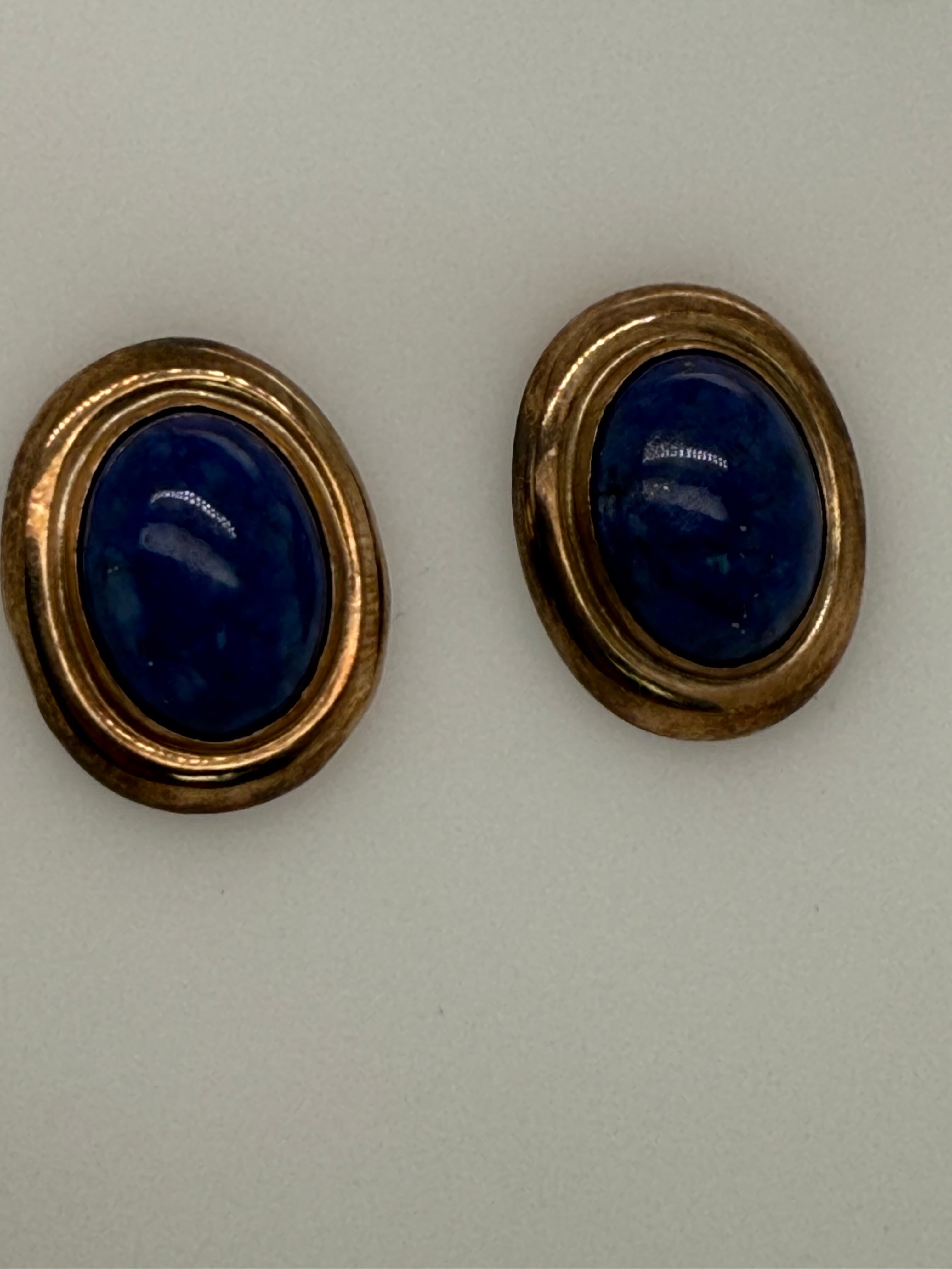 Retro Yellow Gold Oval Blue Lapis Lazuli Cabochon Statement Earrings Circa 1970