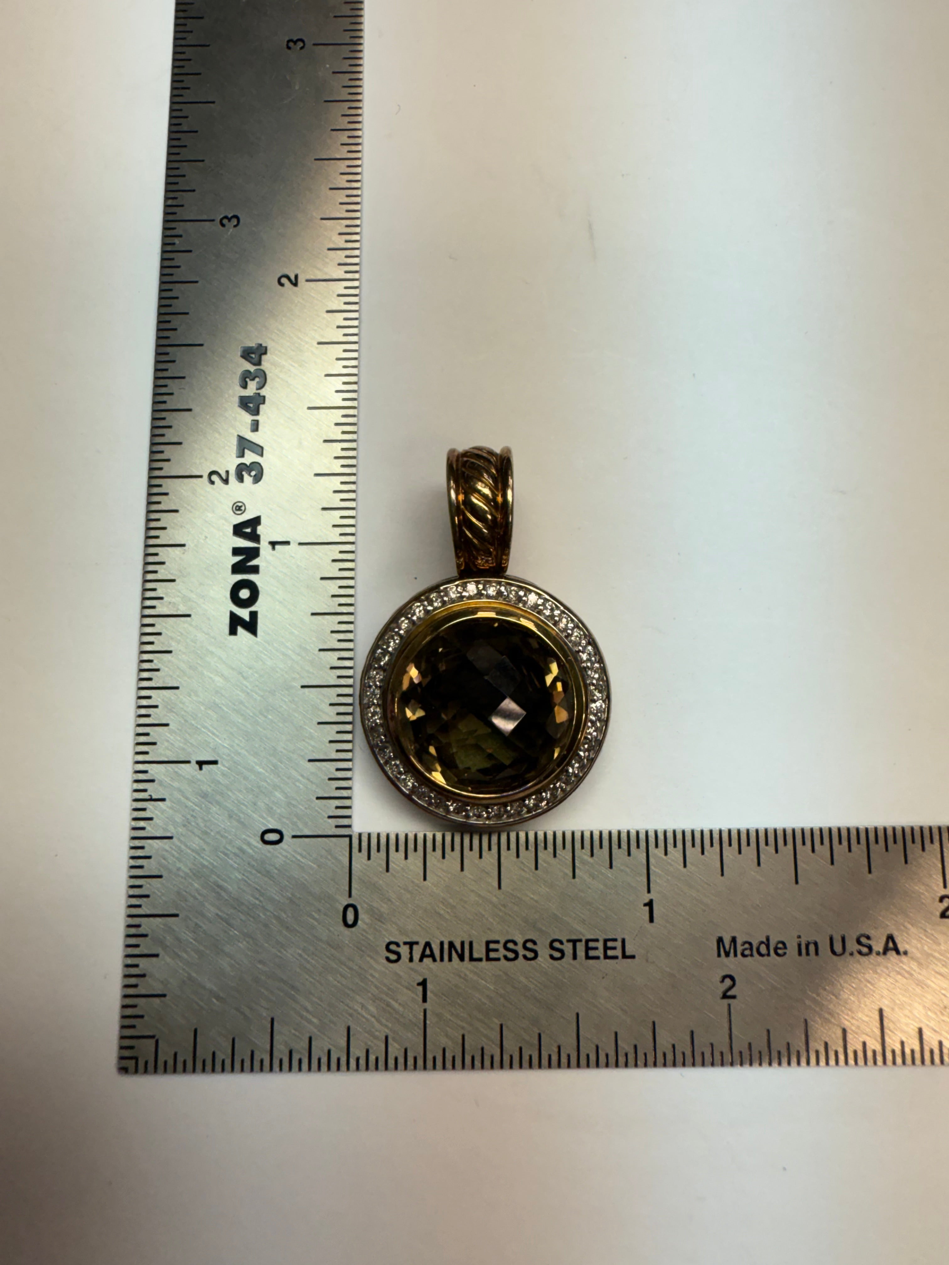 Modern Gold & Silver Natural Smoky Topaz & Diamond Pendant by David Yurman