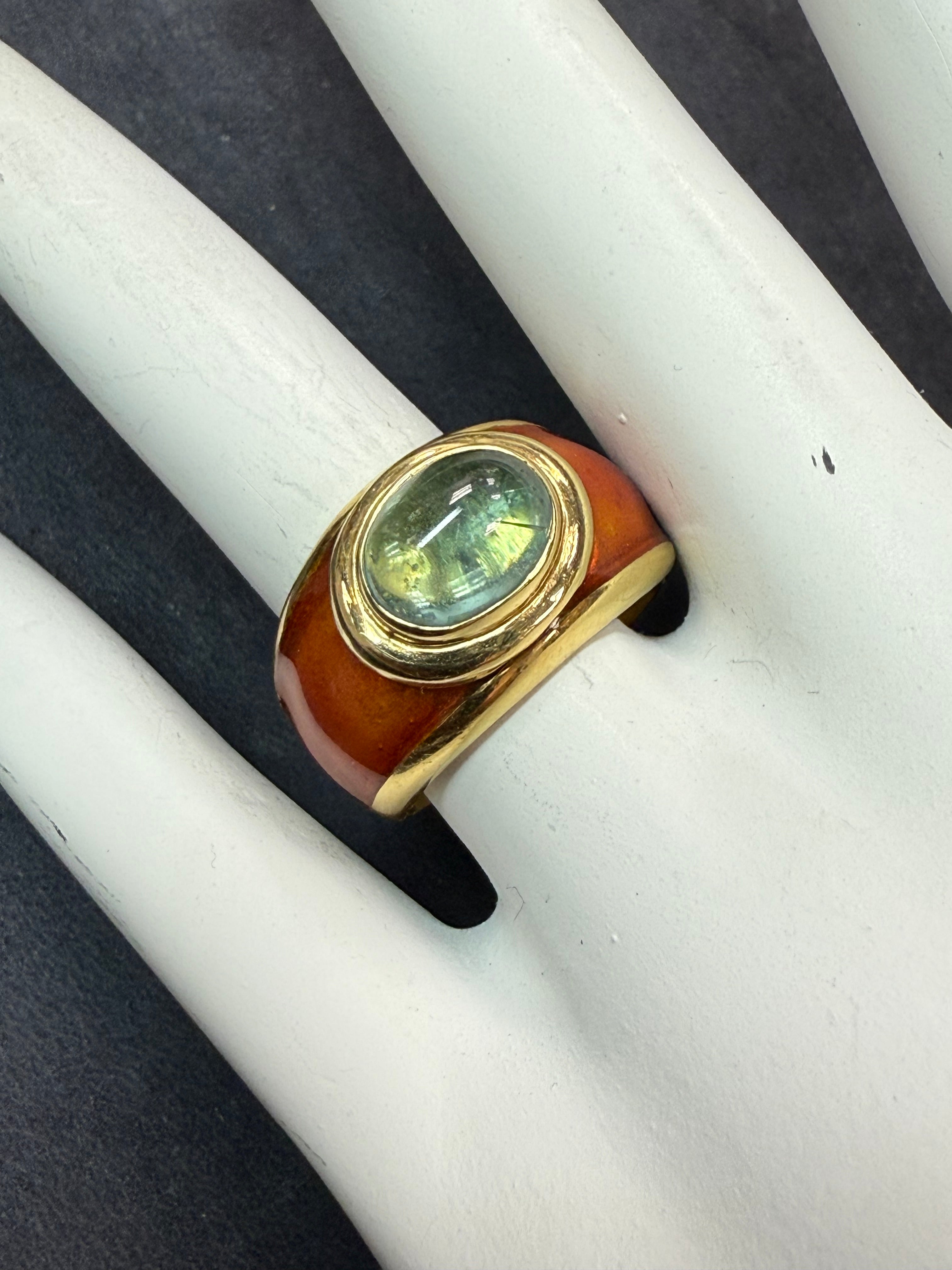 Retro Yellow Gold Tourmaline Cabochon with Caramel Enamel Statement Ring