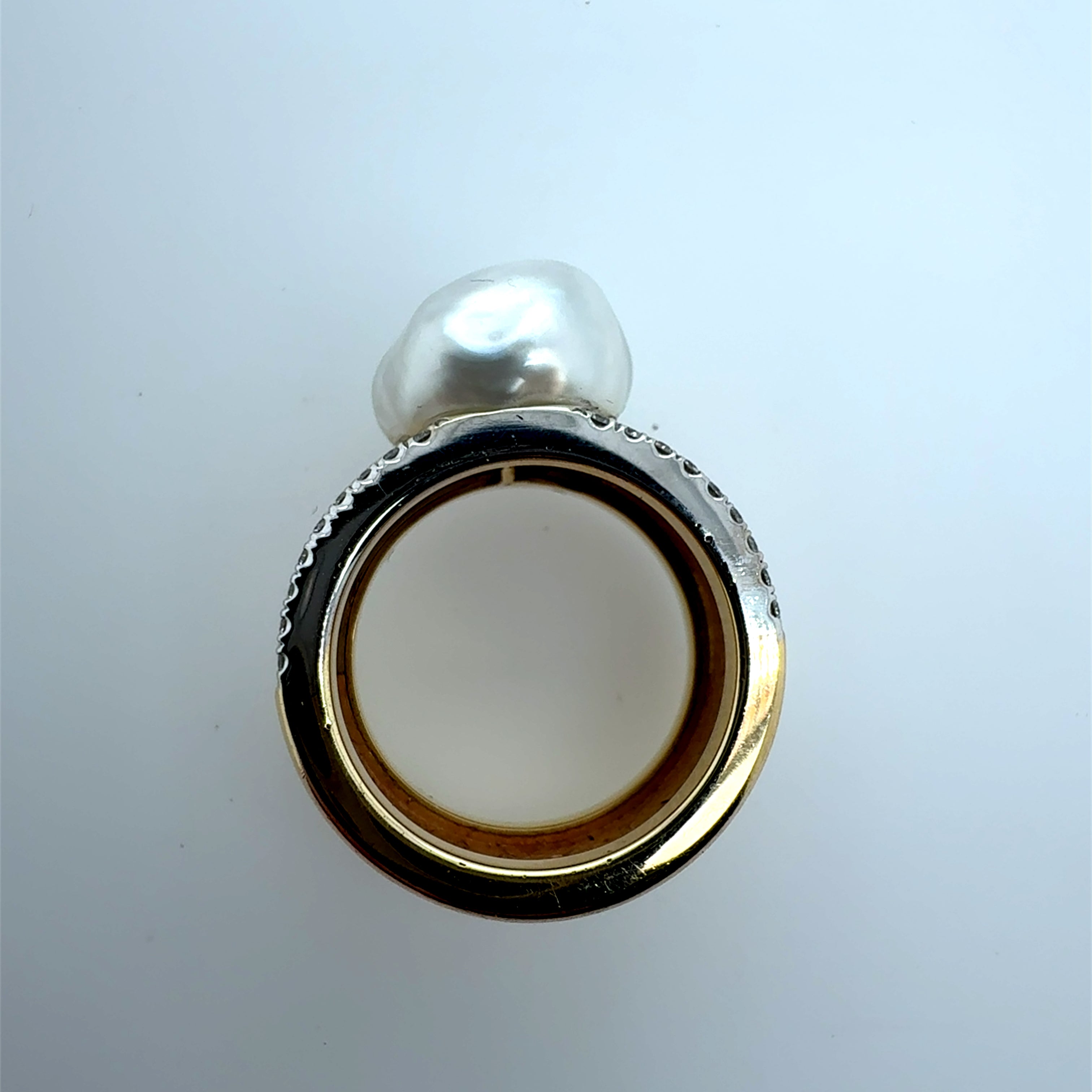 Retro Two-Tone Gold Natural Diamond & South Sea Pearl Statement Ring Circa 1980s