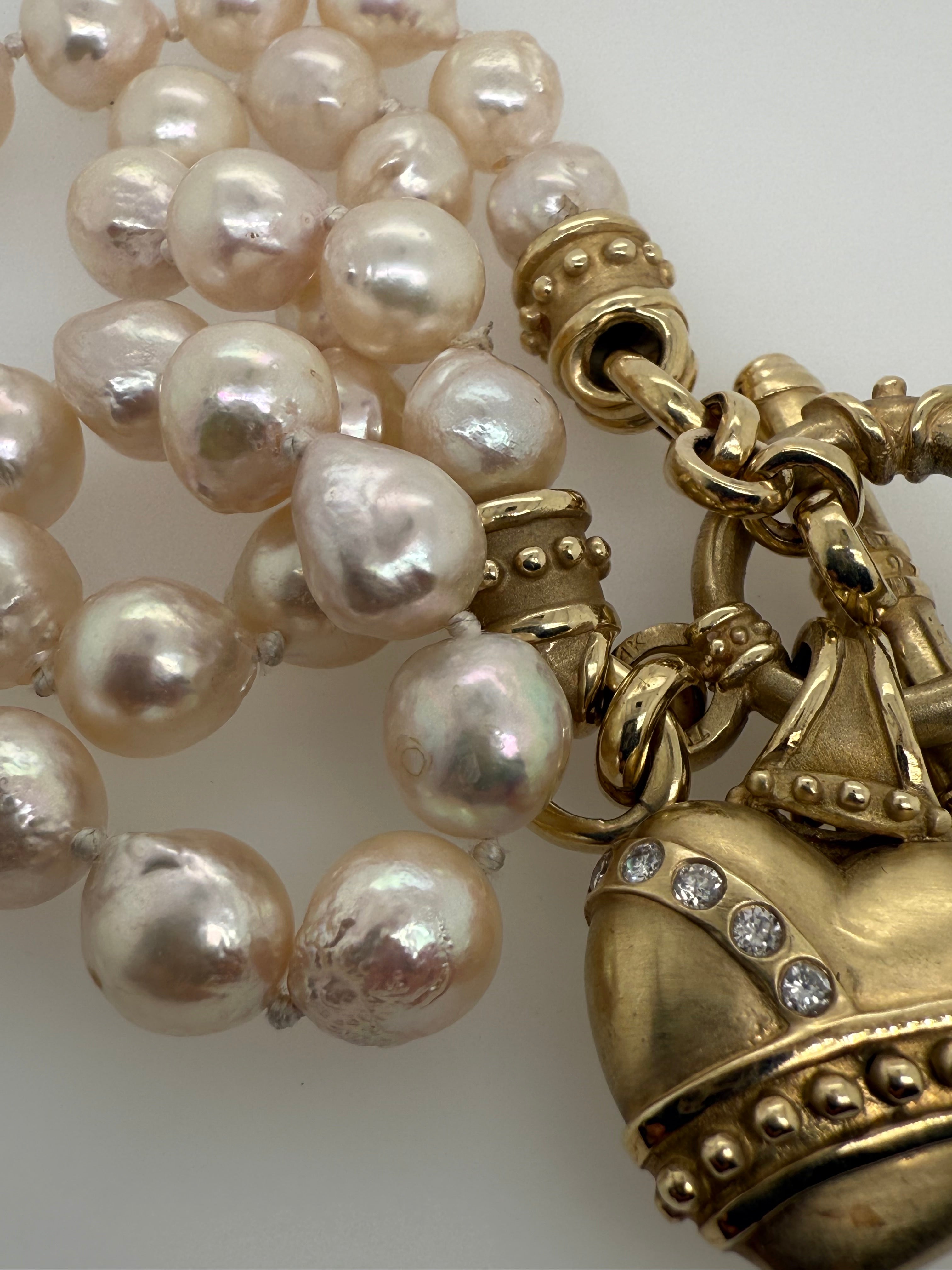Retro Gold Natural Diamond & Pearl Statement Necklace Heart Toggle Clasp 1980