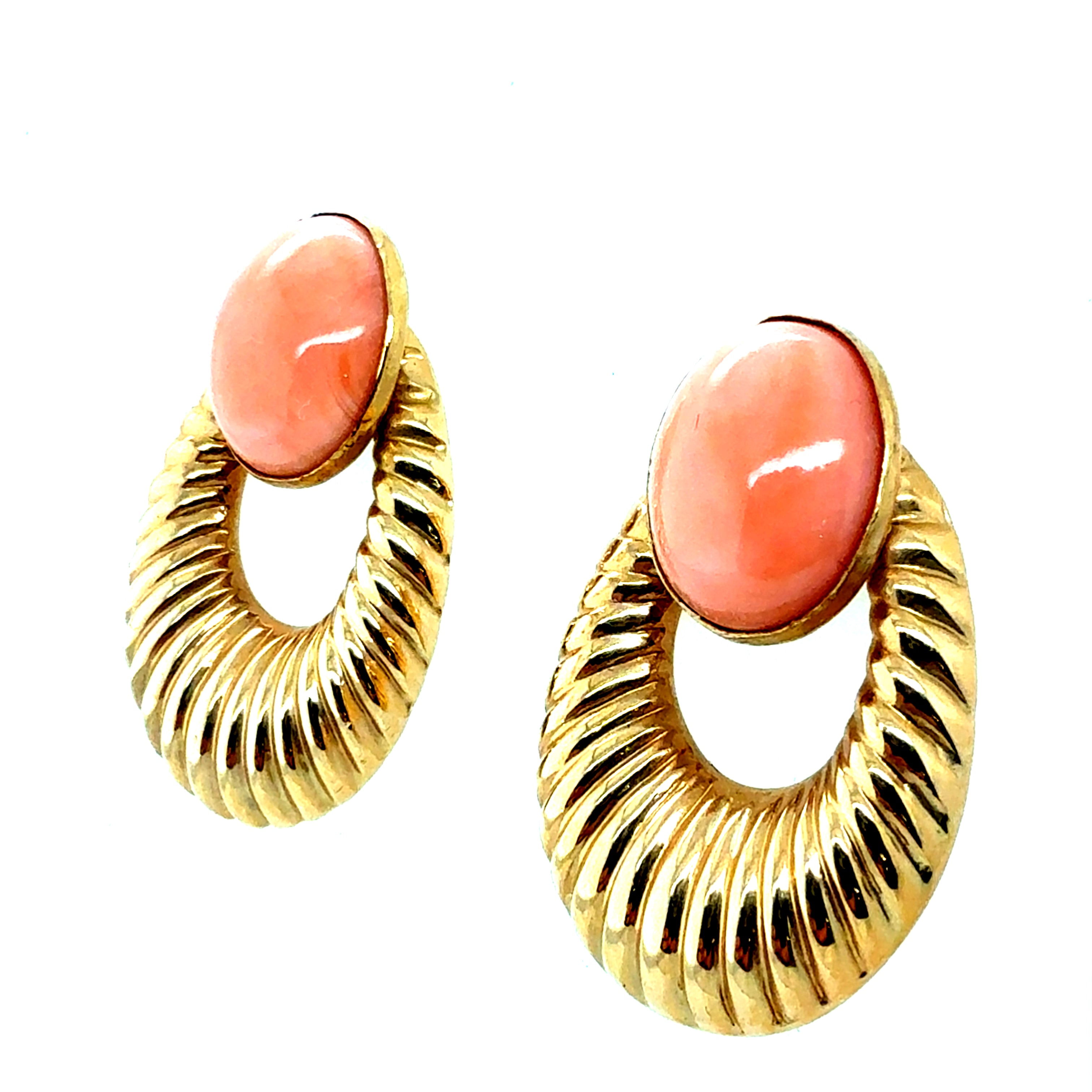 Retro Gold Pink Coral Cabochon Statement Earrings, Circa 1970