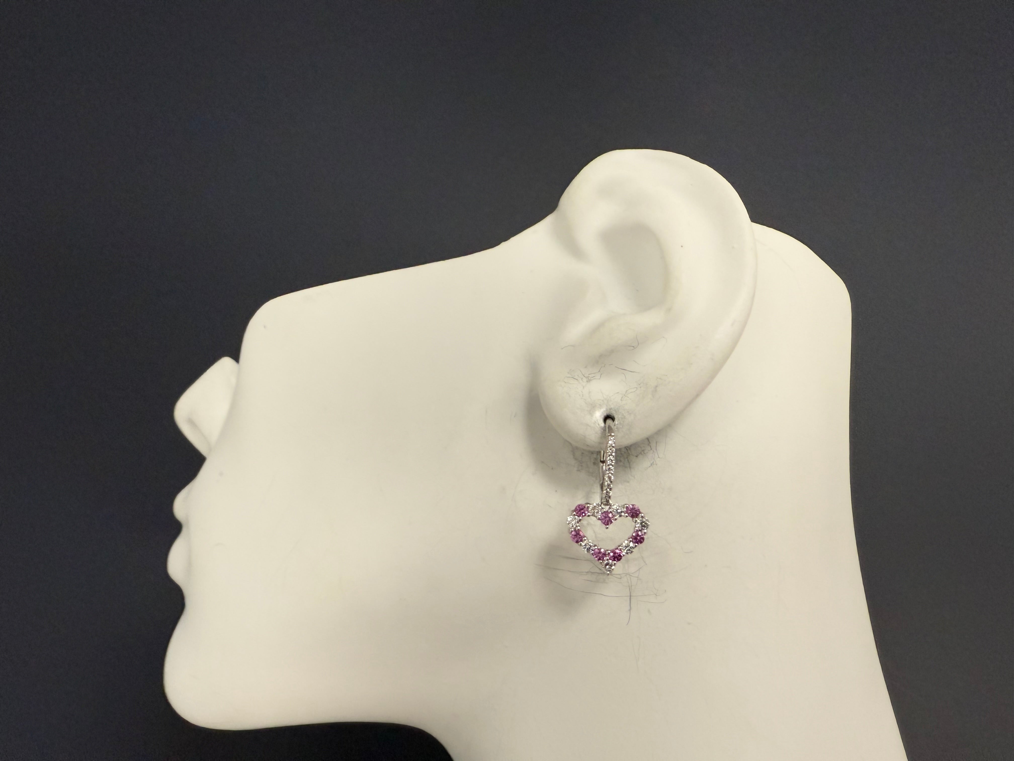 Modern White Gold 1.08 CT Natural Diamond & Pink Sapphire Heart Drop Earrings