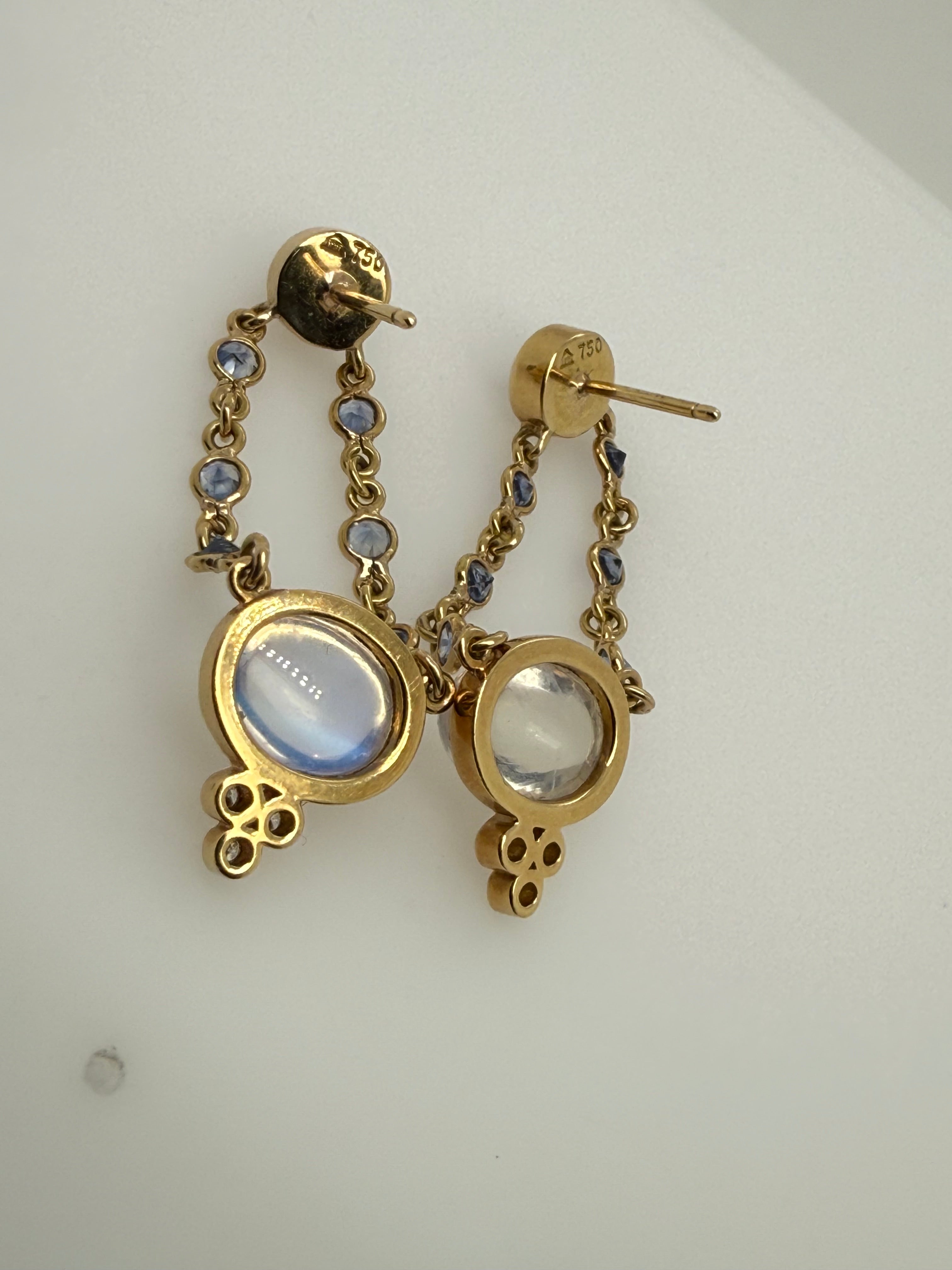 Retro Gold Moonstone CAB, Tanzanite & Natural Diamond Drop Earrings 1980