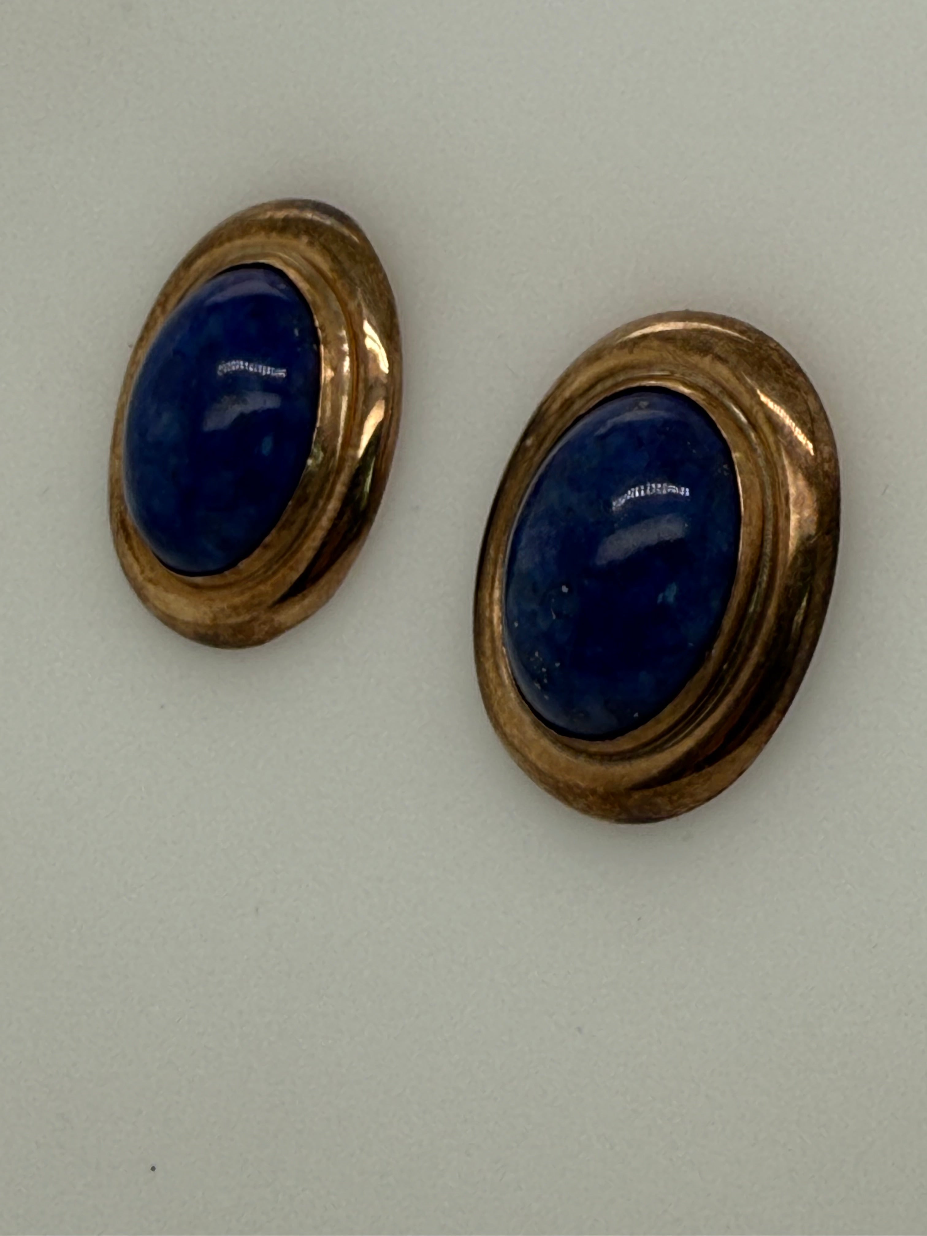 Retro Yellow Gold Oval Blue Lapis Lazuli Cabochon Statement Earrings Circa 1970
