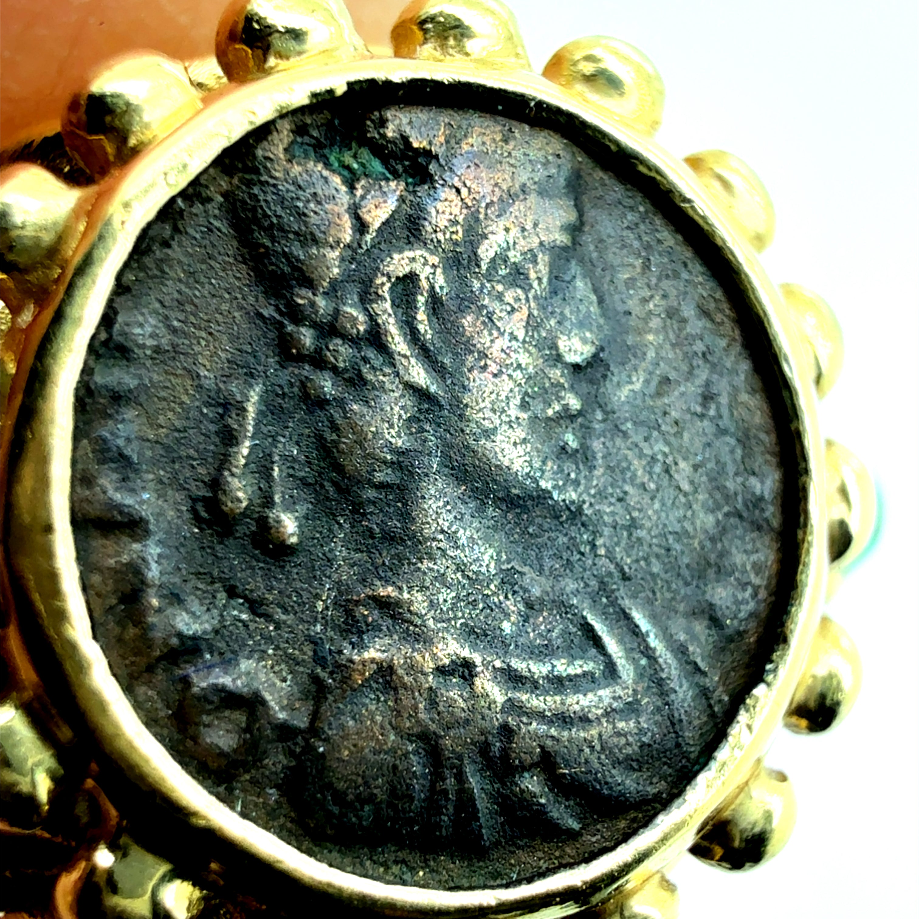 Retro Gold Roman Coin with Natural Emerald Statement Ring Circa 1980