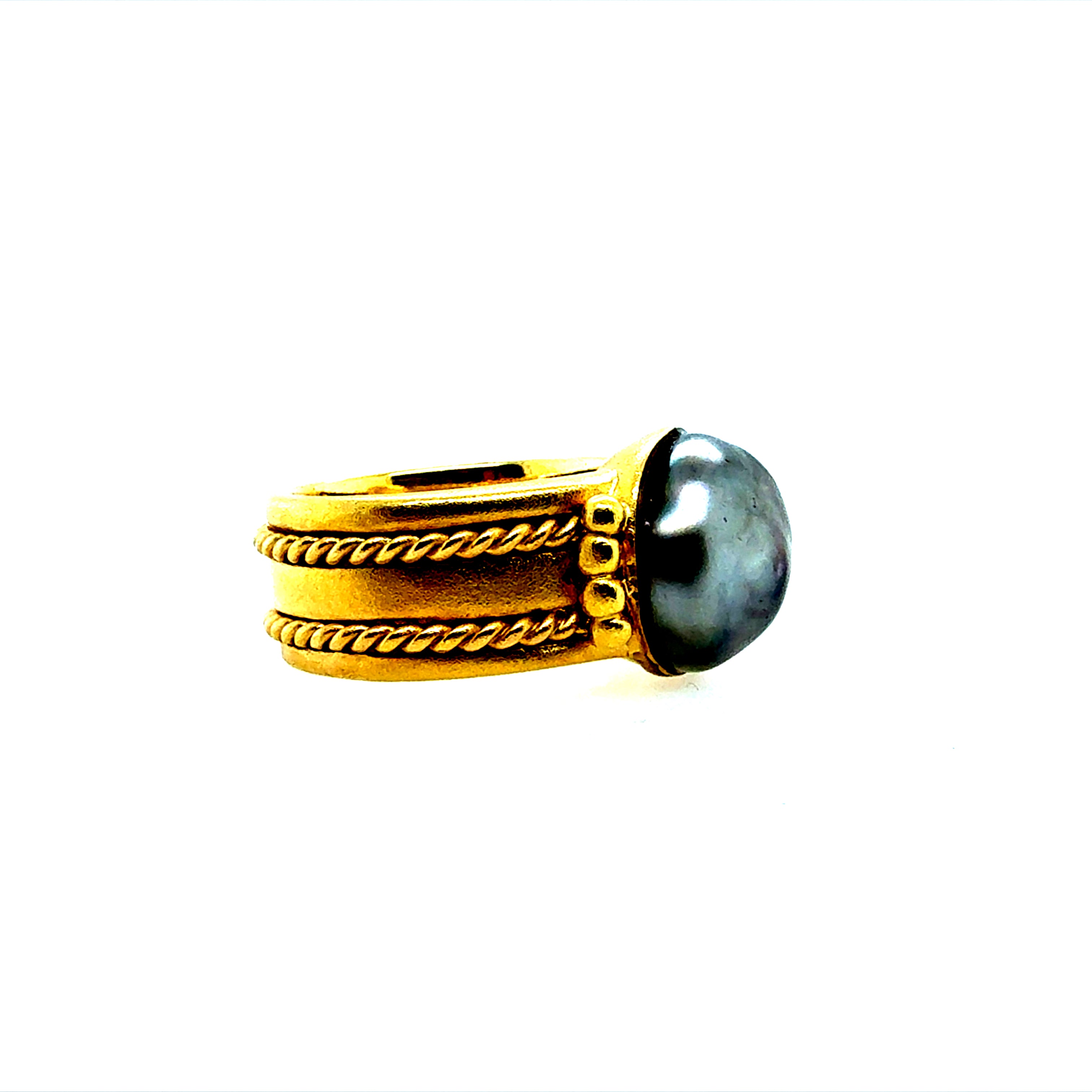 Retro Yellow Gold Black Tahitian Baroque Pearl Statement Ring Circa 2000